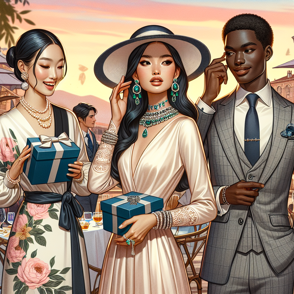 Stunning Quinceanera Guest Outfits: Effortless Style Tips Imagine a fashion-focused scene featuring guests attending a quinceanera. The first guest is an Asian woman wearing a floral print silk dress and pearl accessories fixing her hair. The second is a Black man in a sharp grey suit, holding a blue gift box. The third guest is a Middle-Eastern woman in a chic wide-brimmed hat and lace dress adjusting her emerald earrings. They are conversing and laughing in a lavishly decorated open-air venue, with the colors of the setting sun painting a picturesque backdrop. The key is effortless elegance and fashion-forward styles.