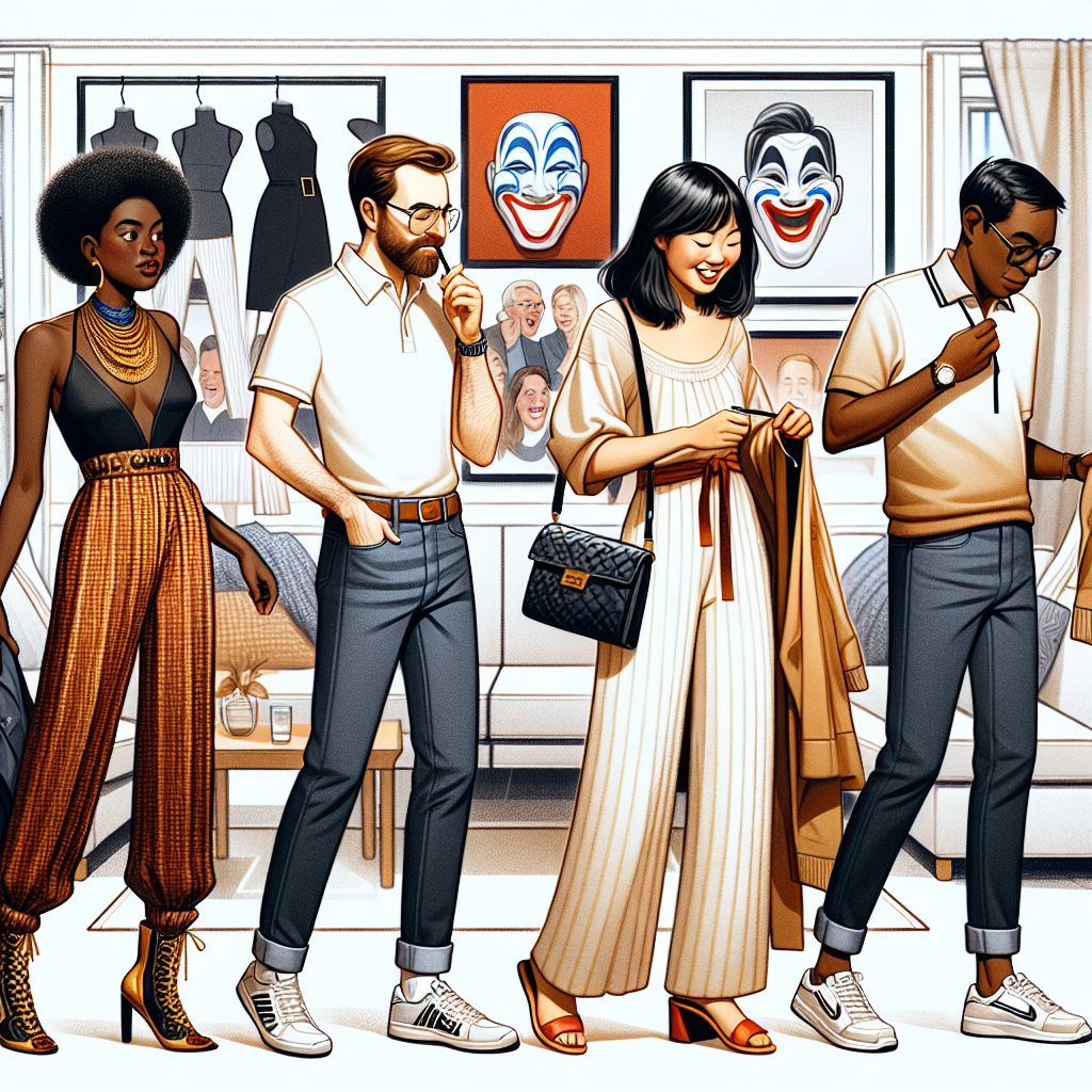What to Wear to a Comedy Show: Effortless Chic A detailed illustration of four fashion-conscious individuals getting ready for a comedy show. The first person, a black woman, is wearing a stylish jumpsuit with bold accessories. The second individual, a white man, is choosing a casual yet trendy polo shirt with jeans. The third individual, an Asian woman, is considering a flowy, chic dress paired with comfortable flats. Lastly, the South-Asian man is contemplating a smart-casual outfit with a trendy watch. The background should reflect the inside of a contemporary shared living space with hints of comedy show paraphernalia like comedy masks and posters.
