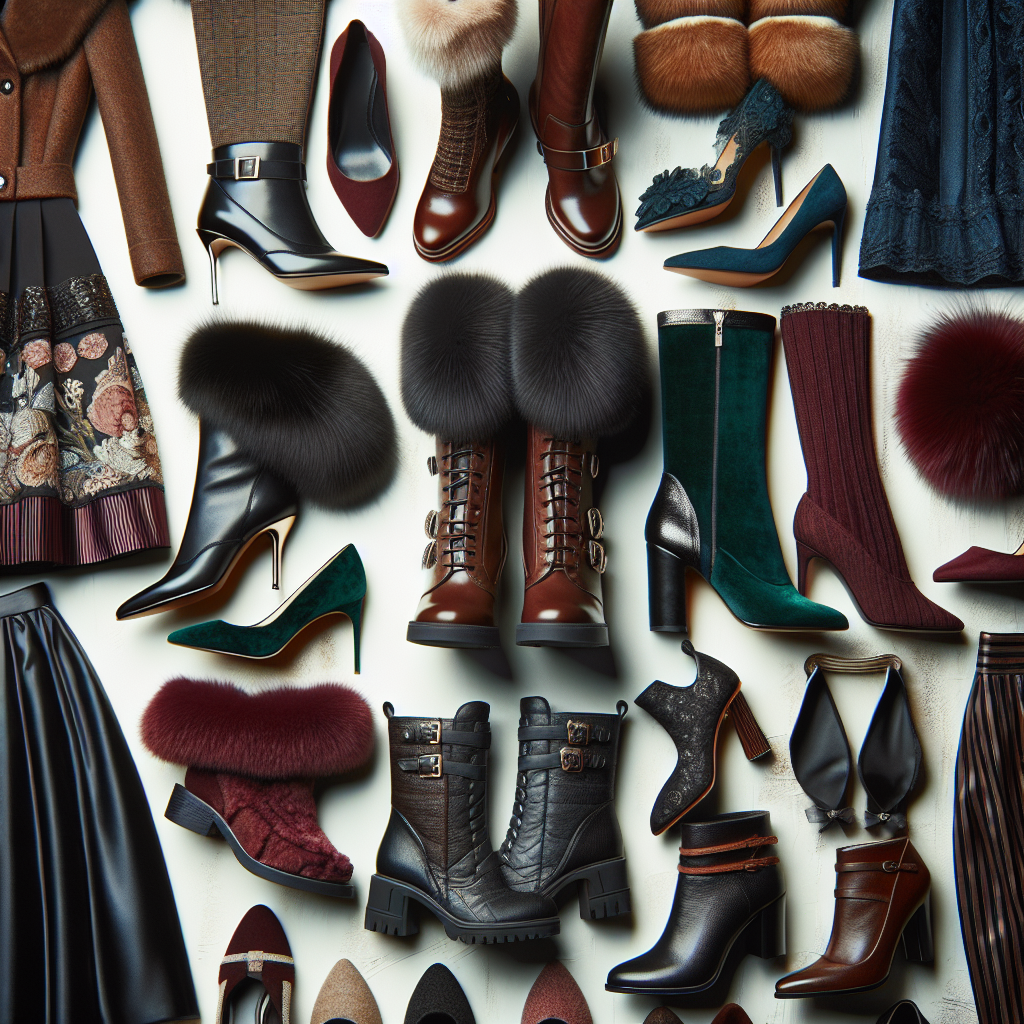 Must-Have Shoes for Winter Dresses at Graduation A curated selection of winter-appropriate footwear designed to pair well with elegant graduation dresses. The collection should include a variety of shoes such as heeled boots, flats and wedges. All are constructed with materials perfect for a cold weather, like leather and synthetic warm linings, in deep, rich tones like burgundy, black and earthy browns. Some shoes bear elaborate designs or accents like faux fur trimmings and shiny buckles, creating a fashionable juxtaposition against simple yet elegant winter graduation dresses in colors like navy blue, emerald green, and traditional black.