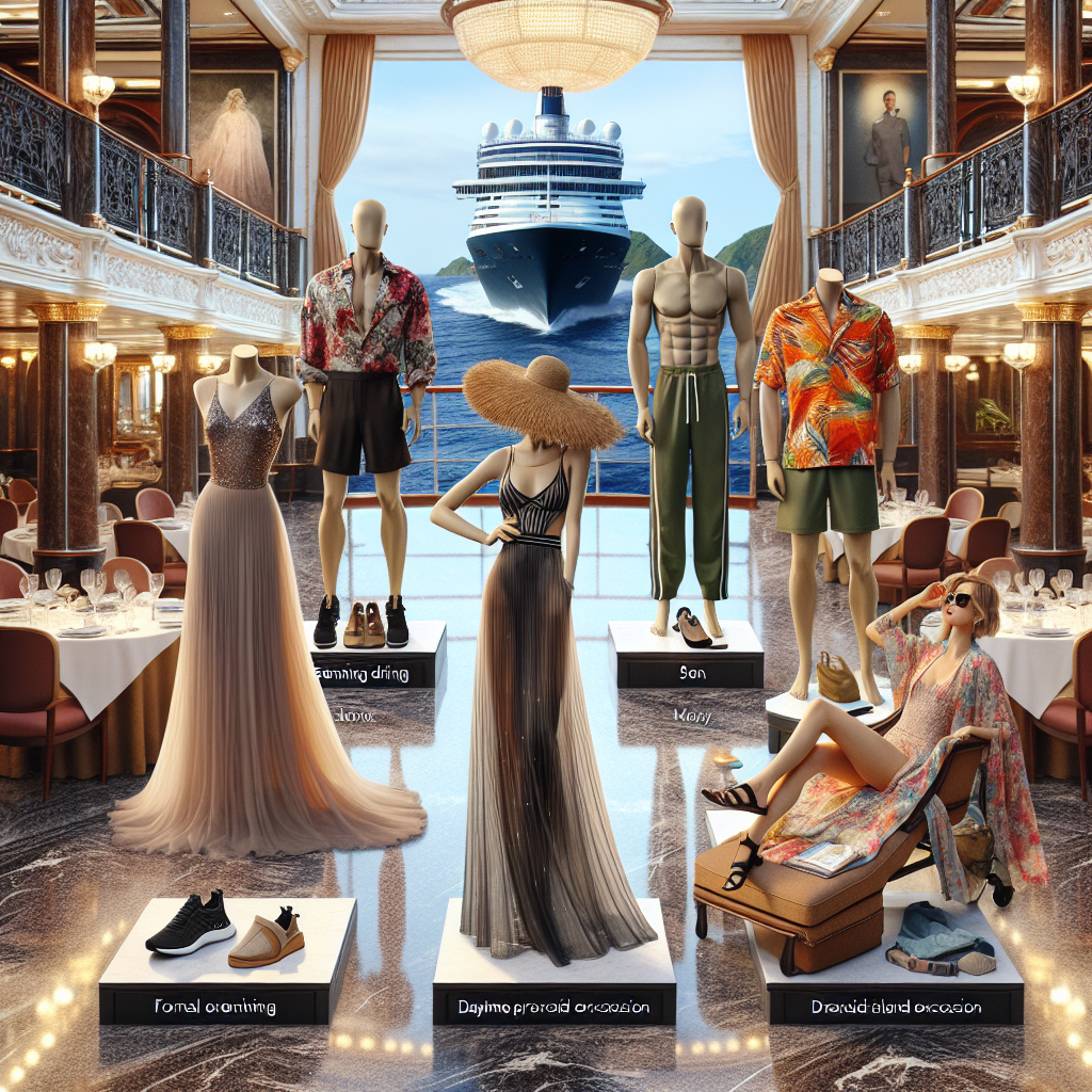 Imagine a collection of must-have outfits for a cruise aboard a grand, luxury ship. Think about a variety of settings and events: a formal evening dining setting featuring a long, elegant dress with sequins for a sophisticated woman; a daytime private island excursion outfit portraying a man with a brightly colored Hawaiian shirt, khaki shorts and a straw sunhat; an athletic woman dressed in a sleek workout gear while taking advantage of the onboard fitness amenities; and finally, a casual sundress with floral prints for a woman enjoying a quiet reading session on the sun deck. Visualize all these outfits on mannequins aligned on a glossy marble floor, with the backdrop of a stately, royal ship interior having grand chandeliers and velvet curtains.