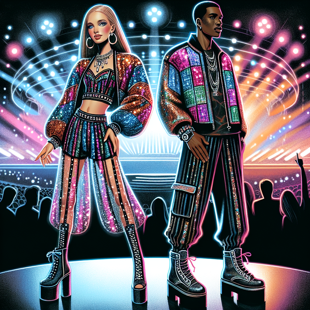 An illustrative style depiction of two individuals dressed in eye-catching concert attire prepared for a night of music. The first person, a caucasian woman, is seen in a vibrant, sequined two-piece ensemble with matching platform shoes, completed with a statement necklace. Beside her, a black man sports a trendy jacket with metallic accents, a matching hat, and edgy boots. In the background, colorful lights and pulsing energy hint at the upcoming concert. Although the concert's name or artist is to remain undisclosed, the intention is to evoke the feel of a mesmerizing nighttime music event.