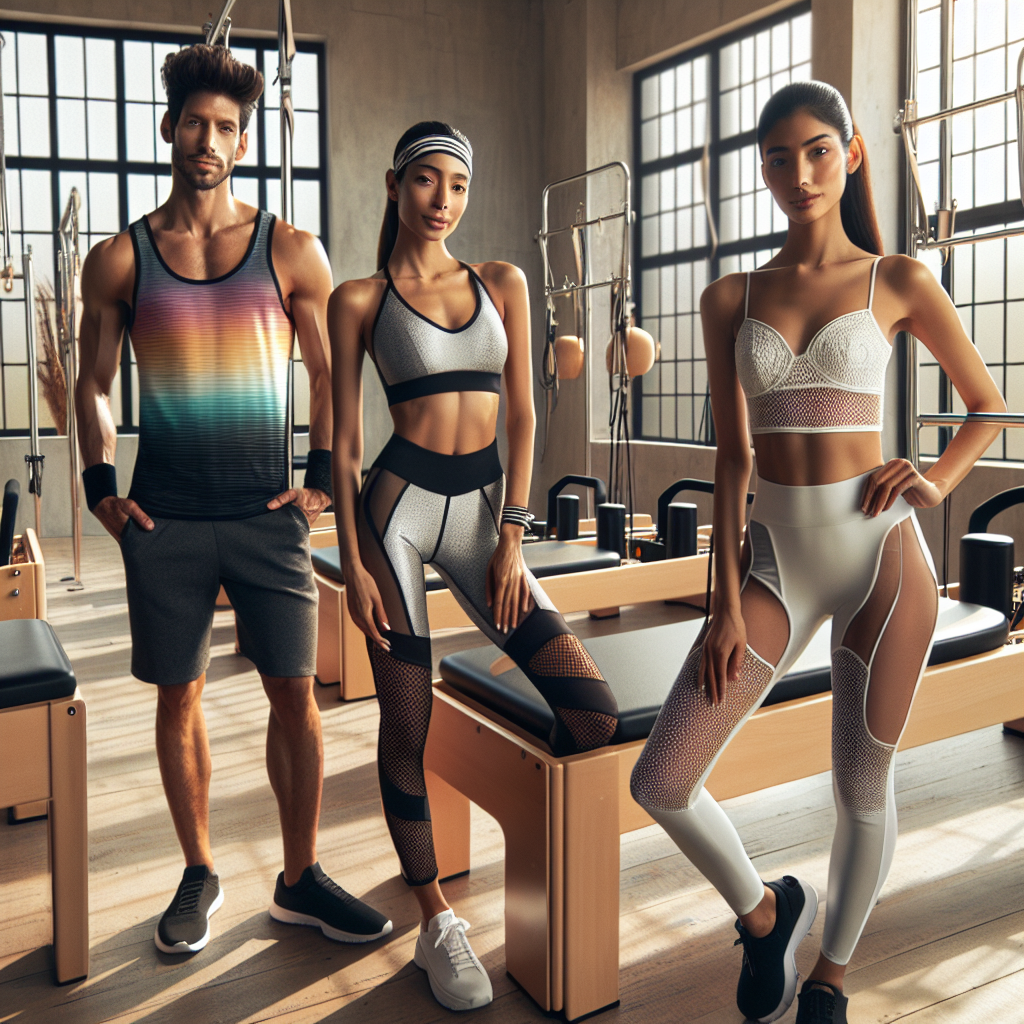 Stunning Outfits for Pilates Reformer Class: Effortless Style Visualize a scene set in a spacious, well-lit Pilates studio. In the forefront are three fitness enthusiasts ready for a Reformer Pilates class. There's a Hispanic woman in a bright, colourful sports bra, matching leggings, and a trendy headband. Next to her is a Caucasian man in a black tank top, grey shorts, and sporty wristbands. Lastly, a South Asian woman stands confidently in an elegant white yoga set with a stylish mesh detail. The Pilates reformer machines are seen in the background. The scene exudes vigor, grace and effortless style.