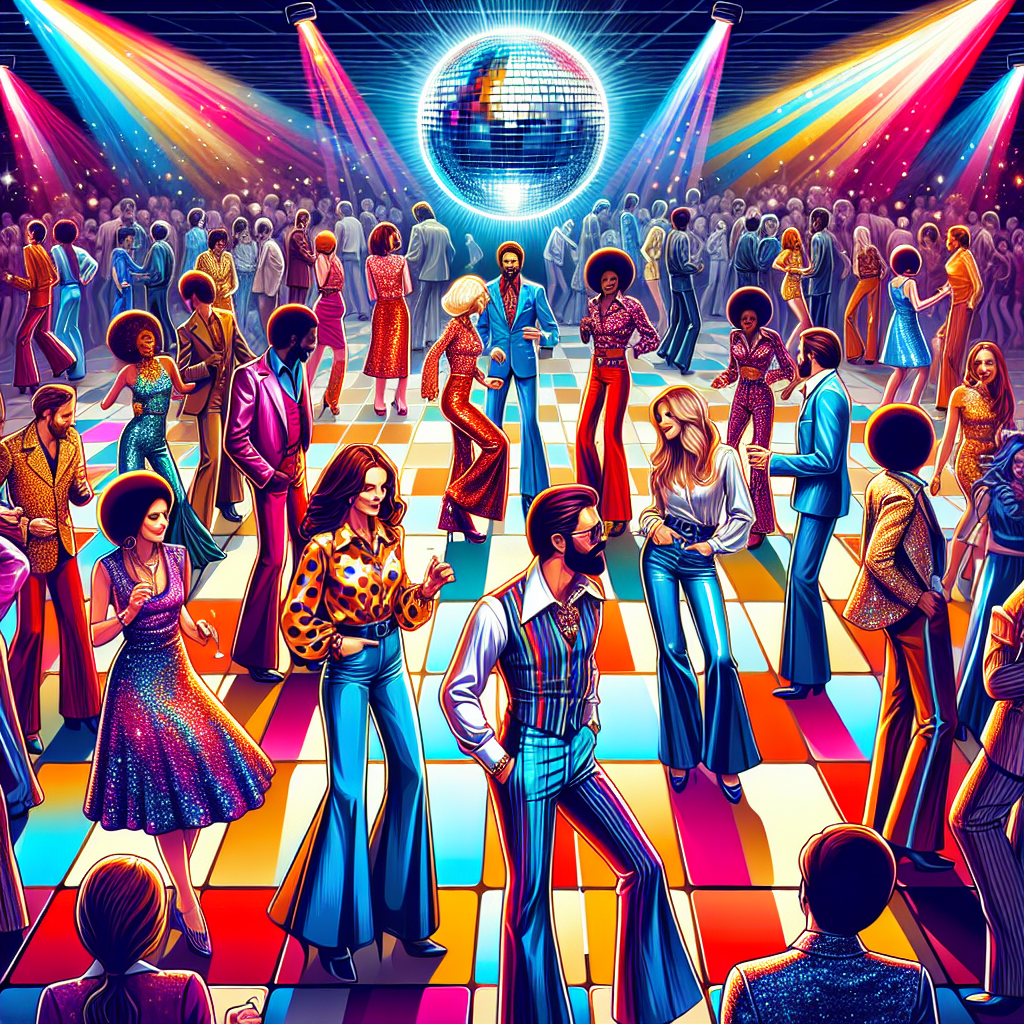 An energetic and vibrant depiction of a retro-themed disco party. The view is filled with people of different descents such as Caucasian, Black, Hispanic, Middle-Eastern and South Asian, each representing an effortless, stylish look. Men and women are seen wearing iconic disco-era outfits - flared pants, sequined dresses, high collared shirts, and glitzy accessories. The dance floor is illuminated by multi-colored lights from a sparkling disco ball, casting an array of psychedelic hues on the crowd. Everyone is thoroughly engrossed in the music, grooving to the beat in a harmony that encapsulates the very essence of a disco party.