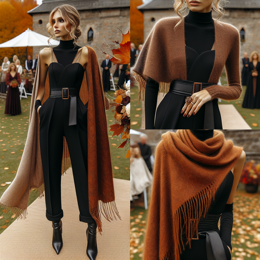 Must-Have Layers for a Black Jumpsuit at Fall Weddings A sophisticated fashion scene at a fall wedding. A black jumpsuit is center stage, exquisitely cut, with an elegant neckline and sharp tailoring. Pairing the jumpsuit, arrange a rich woolen shrug, adding warm layers. The shrug is a dazzling autumn color, perhaps ochre or maroon. Completing the ensemble, a delicate chiffon scarf wafting in the slight breeze, a luxurious beanie, and an exquisite pair of leather knee-high boots with subtle detailing. The setting is an outdoor wedding venue, with attendees in their fashionable autumn wedding attire. Fall leaves subtly color the backdrop.