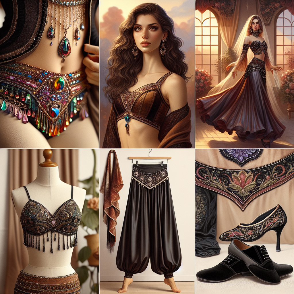 What to Wear to a Belly Dance Class: Stunning Picks! An inspired guide on what to wear to a belly dance class. The image includes a collection of stunning options assorting diverse apparel for the dance class. Picture a glistening jewel-toned belly dance belt on a young Hispanic woman, a flowing silk veil draped over a Caucasian woman's shoulder, and a pair of high-quality black dance shoes, worn by a Middle-Eastern man. In the background, there are beautifully embroidered harem pants displayed on a mannequin. All these elements are artfully arranged in a warm, inviting dance studio, concluding an emotional essence of the Middle Eastern dance's rich aesthetic.