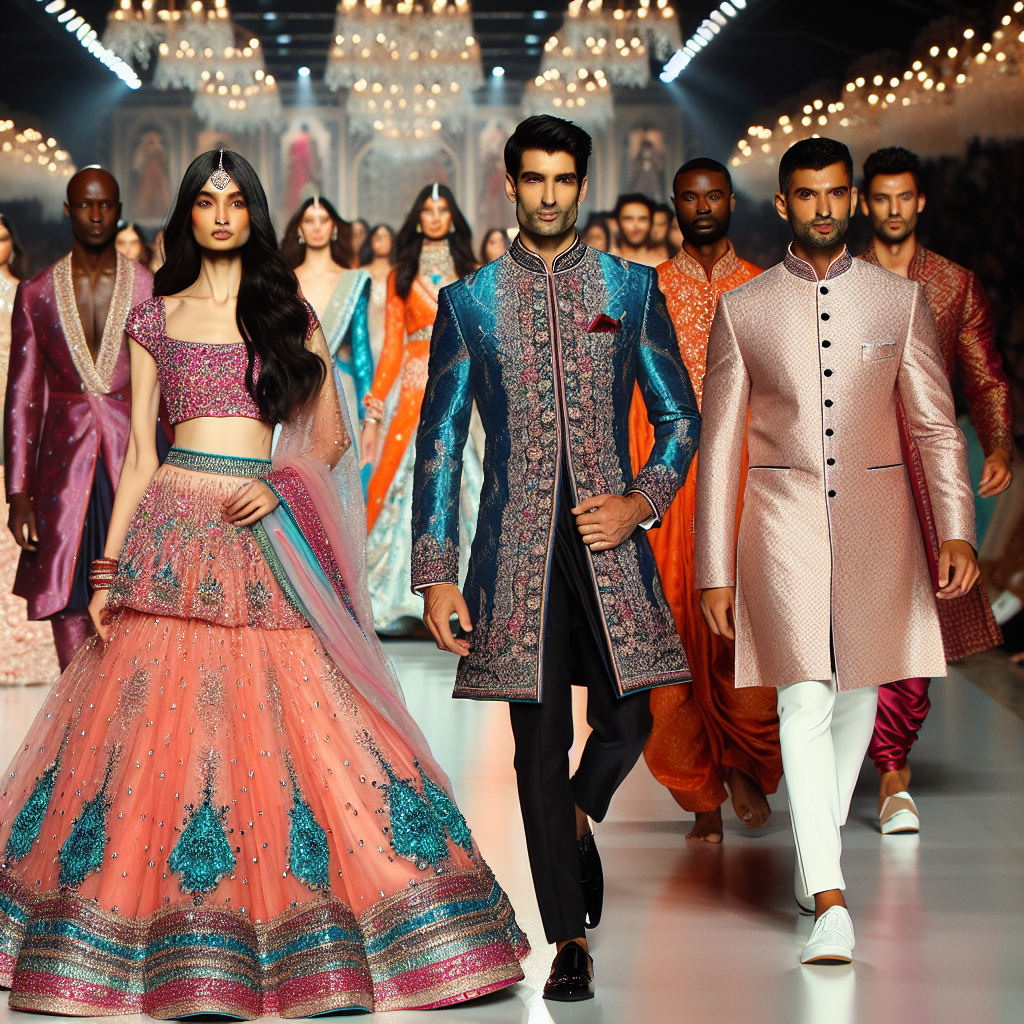 Imagine a beautiful fashion show displaying an array of must-have outfits for Sangeet guests. The runway is filled with models showing off the stunning choices. An Asian woman struts in a pink and turquoise lehenga embellished with sparkling sequins. Close by, a Black man models an elegant sherwani in royal blue adorned with gold embroidery. Following him, a Middle-Eastern woman showcases a vibrant orange and gold saree that accentuates her beauty. Lastly, a Hispanic man walks confidently in a traditional white kurta paired with a richly embroidered Maroon Nehru jacket. The scene is brimming with color and cultural richness, truly a feast for the eyes.