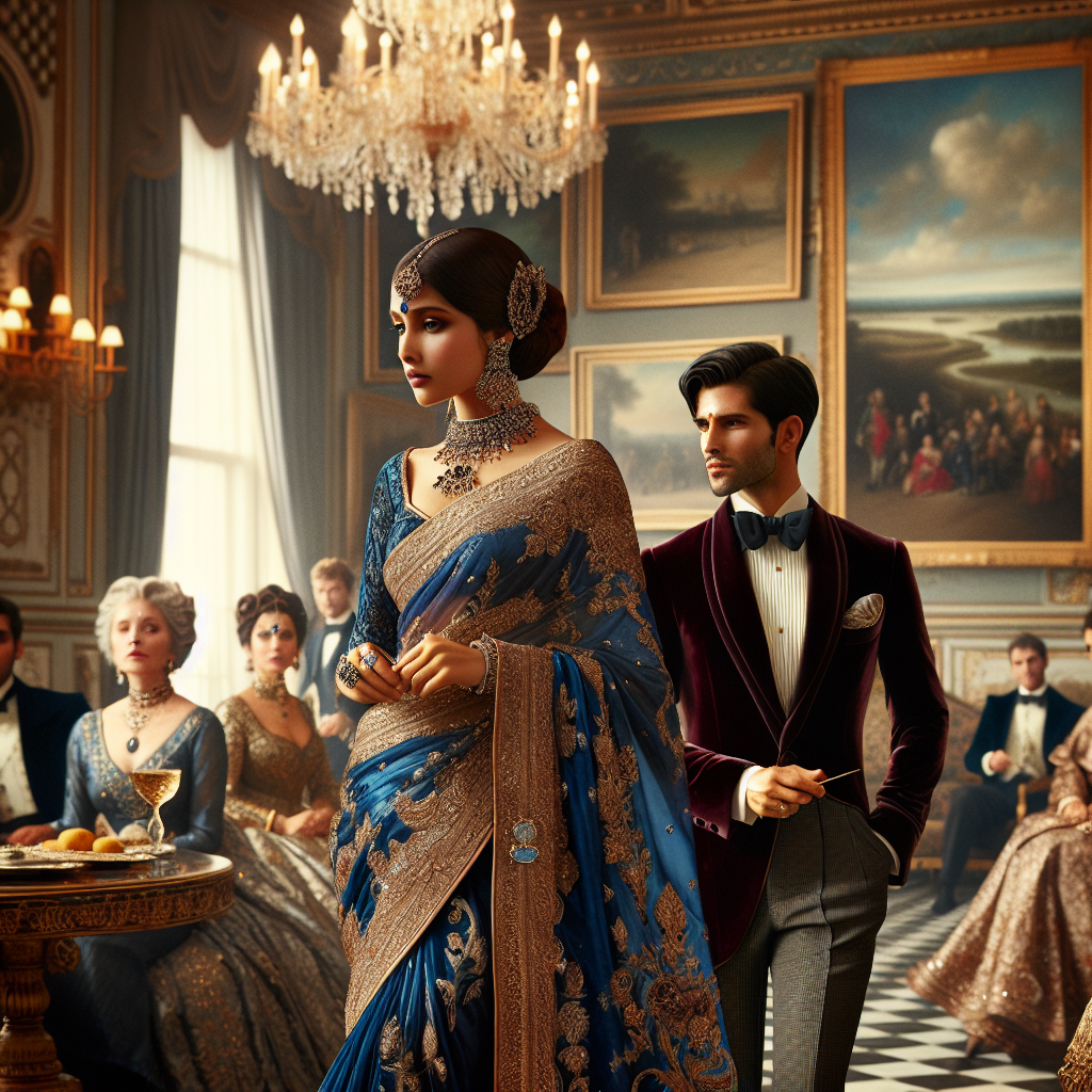 Stunning Court Guest Attire: Dress to Impress A grand court scene, with elegant people of various descents. In focus, a South Asian woman, dressed in an opulent sapphire blue saree with intricate gold embroidery, a matching headpiece, and jewelry. To her right, a Hispanic man, exquisitely attired in a velvet maroon jacket, black pants and a crisp white shirt complemented by a bow tie. A grand chandelier hangs high above, its light gleaming on the polished marble floor while antique paintings of vast landscapes cover the walls. Everyone is engrossed in pleasant conversation. Their outfits speak volumes about their taste, fashion sense, and the importance of dressing to impress at formal court engagements.