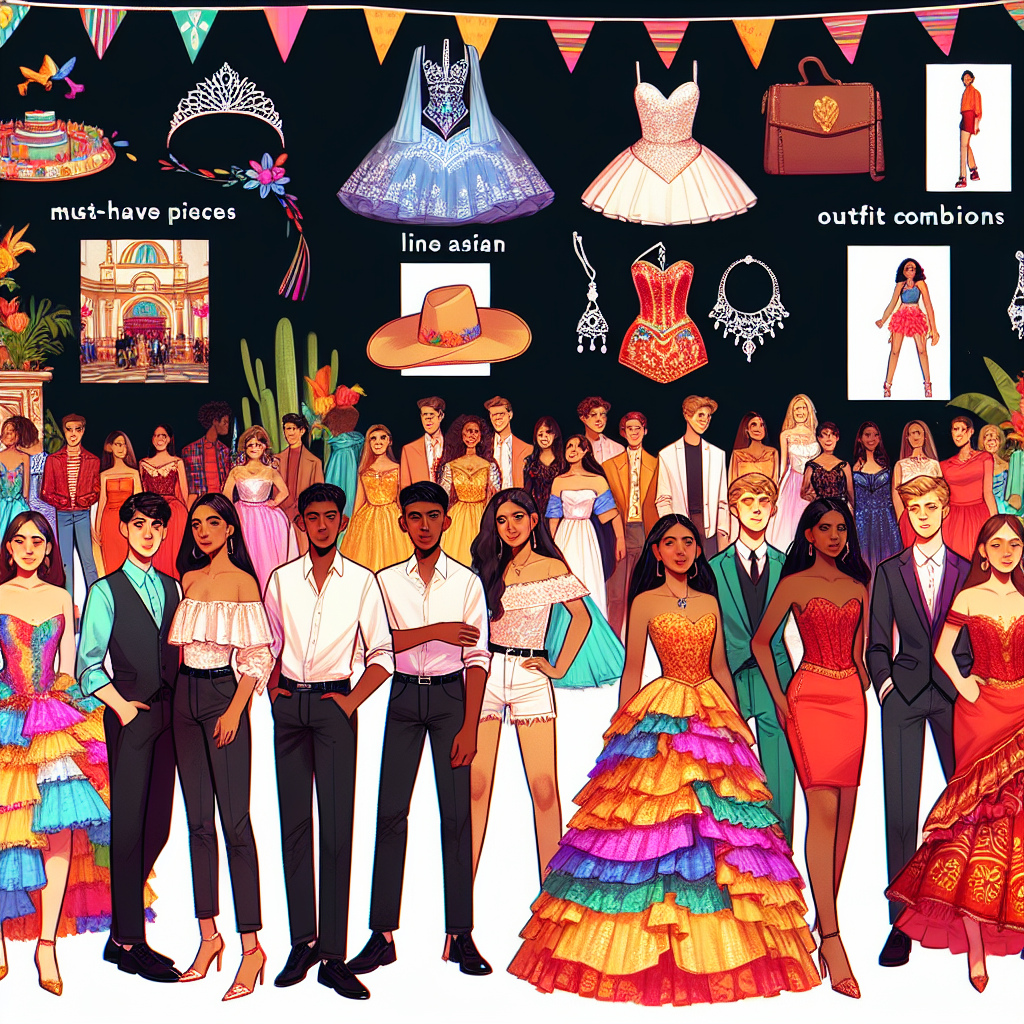 Quince Guest Style Guide: Must-Have Looks & Tips Create an illustrative guide for a Quince celebration, split into sections that include must-have fashion pieces, lines of elegant attire, suggestions for outfit combinations, and helpful tips on how to dress. Visualize people of various descents like Black, Hispanic, South Asian, Caucasian, Middle Eastern, and White, spanning different genders. Depict them dressed in classy, vibrant, and culturally appropriate clothing for a Quince event, displaying the variety and richness of the celebration's style. Use vivid colours and a festive atmosphere to highlight the celebratory essence of the event.