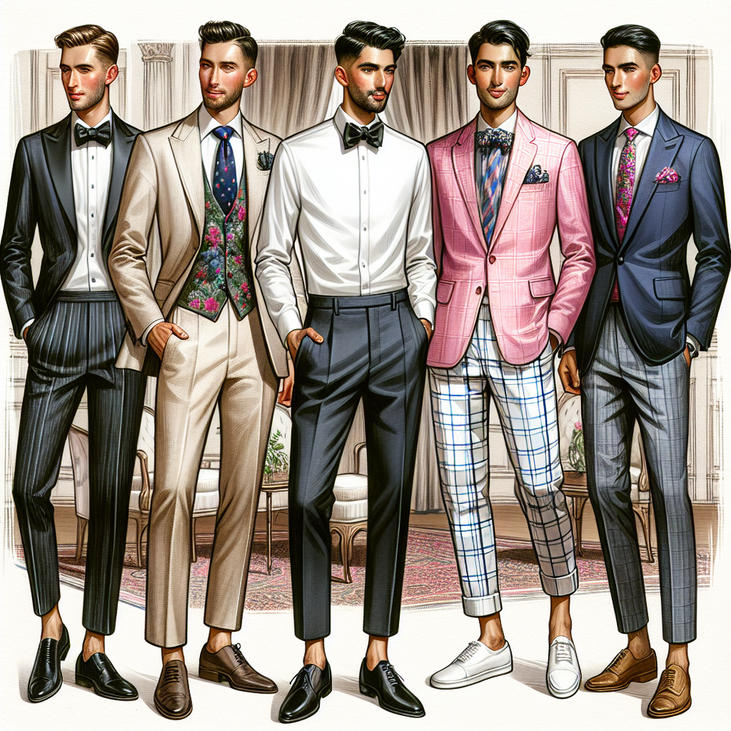 Must-Have Wedding Attire for Men: Effortless Style A detailed illustration showcasing a collection of fashionable wedding attire for men. Include a classic black tuxedo with a crisp white shirt and a smooth black bow tie; a summer wedding ensemble featuring a light tan suit, a white linen shirt, and a colorful floral tie; and a smart casual outfit with a deep navy blazer, a bright pink checked shirt, and a pair of khaki chinos. Depict a diverse group of men of different descents such as Middle-Eastern, Hispanic, and South Asian, wearing these outfits against an elegant and softly lit ballroom backdrop.