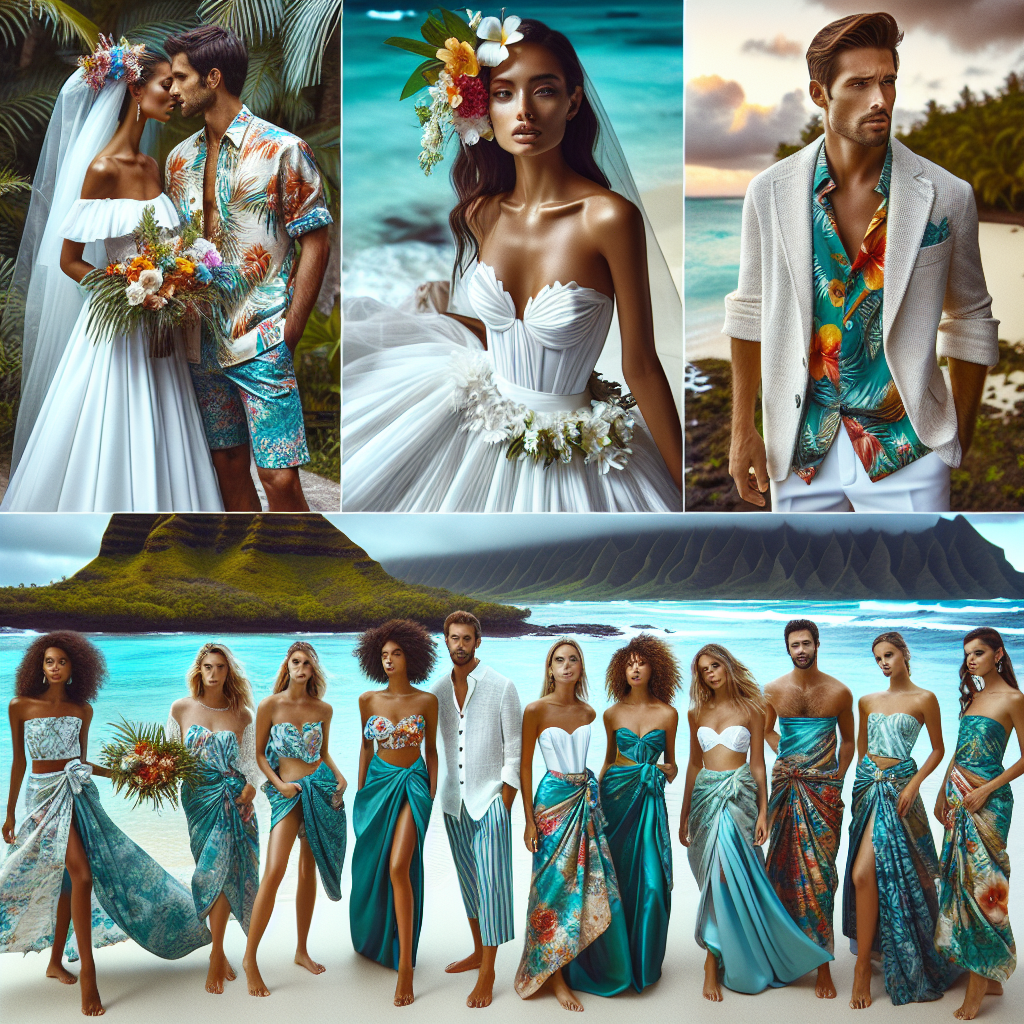 A fashion spread showcasing stunning outfits suitable for a Hawaiian wedding. The first image should capture a woman of Hispanic descent in a flowing, white, tropical-print wedding gown, garnished with exotic flowers. The next image should portray a man of Caucasian descent in a lightweight linen suit, with a colorful aloha shirt underneath. Also, include a group of bridesmaids, a mix of women from different descents such as Black, Middle-Eastern, and South Asian, each dresses in sarongs in varying shades of turquoise and teal. Use this scene to portray the vibrant and luscious setting of a Hawaiian beach wedding.