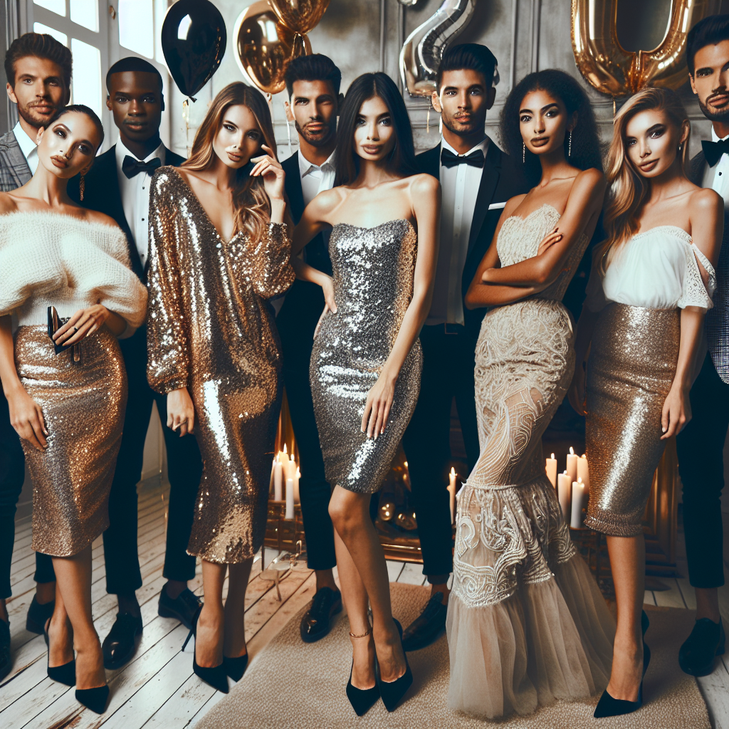 Stunning Outfits for a 40th Birthday Bash: Find Yours! Picture a glitzy 40th birthday celebration. A group of fashion-conscious friends are present, all elegantly dressed to commemorate the occasion. Every person showcases a different descent and gender, creating an atmosphere of inclusivity. Imagine a stunning sequin dress on a Caucasian woman, a dapper tuxedo on a Black man, a delicate lace dress on a South Asian woman, a trendy suit on a Hispanic man, and a traditional Middle-Eastern outfit on a Middle-Eastern woman. The room is decorated with gold and silver balloons, and there's a sense of refined excitement in the air. Generate this stylish imaging, capturing diverse fashions from around the world.