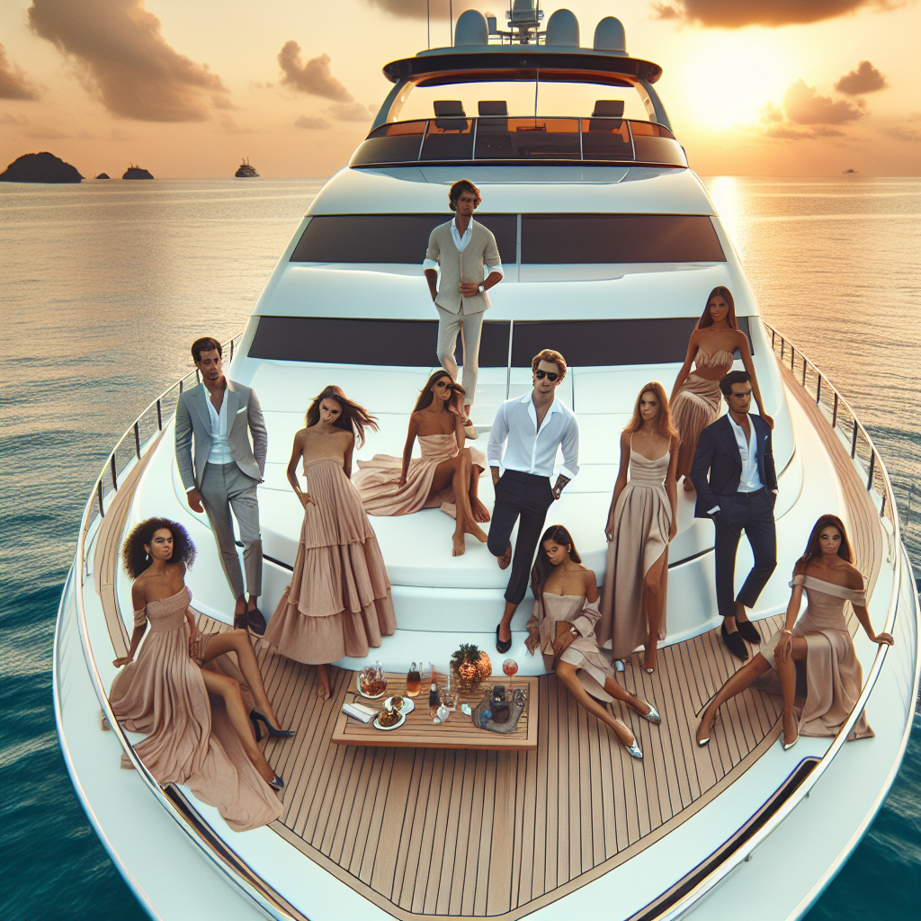 A luxurious yacht is anchored under the warm glow of a setting sun in the tropical open sea. On the yacht deck, there are about ten individuals - five women and five men. A diverse group, with people of Caucasian, Hispanic, Black, Middle-Eastern, and South Asian descents. They're all immaculately dressed in effortless yet elegant party outfits&mdash;flowy sundresses, tailored suits in light shades, polished loafers, and charming accessory pieces. The overall scene could be described as an amalgamation of elegance, luxury, and the relaxing serenity of the sea.
