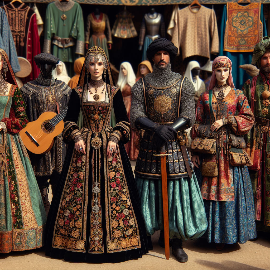 Imagine a variety of stunning Renaissance-era attire on display at a faire. This array includes an elegant lady in a jewel-toned velvet dress with intricate golden embroidery, a Middle-Eastern merchant in a bright silk tunic worn over contrasting harem pants, a robust black knight clad in ornately detailed plate armor, and a South Asian minstrel clad in colorful patchwork attire, equipped with a lute. In addition, there's an Asian apothecary in a practical, earth-toned outfit with numerous pouches filled with herbs. All of them exude an effortless chic that perfectly encapsulates the grandeur and fashion of the Renaissance era.