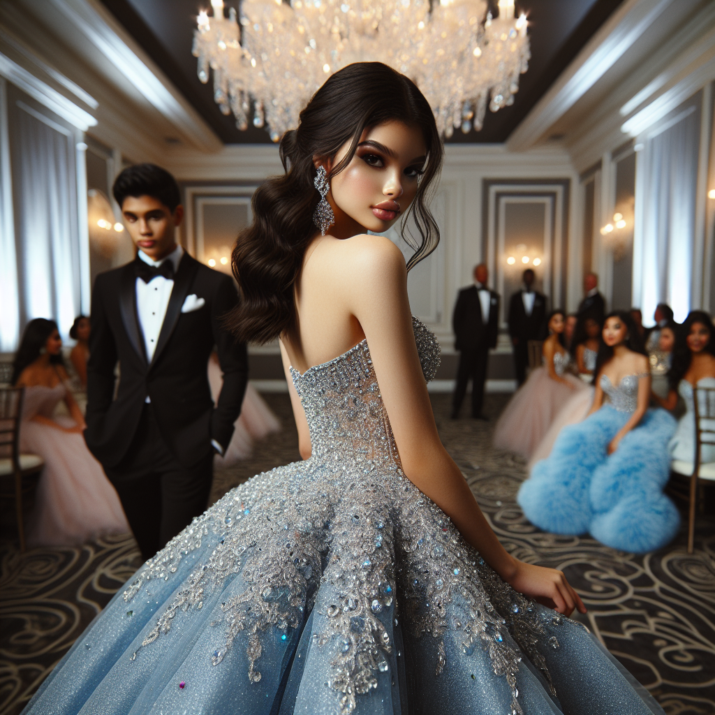 An elegant scene at a debutante ball. Imagine the main subject being a young Hispanic woman gracefully stepping into the ballroom in her stunning gown, capturing everyone's attention. The dress is a shimmering, sapphire blue, adorned with fine silver crystals, adding a magical sparkle to it. It falls perfectly to the floor, making her look regal. Her hair is swept up in a stylish bun, with a few stray glossy black curls cascading down her neck. The secondary subject, a South Asian man, stands in the background in a black tie tuxedo, with immaculate detailing, which does nothing but complement his gallant demeanor. Additional details include a crystal chandelier overhead, exuding soft light and adding an atmosphere of sophistication, and guests in background in varied attire enjoying the evening.