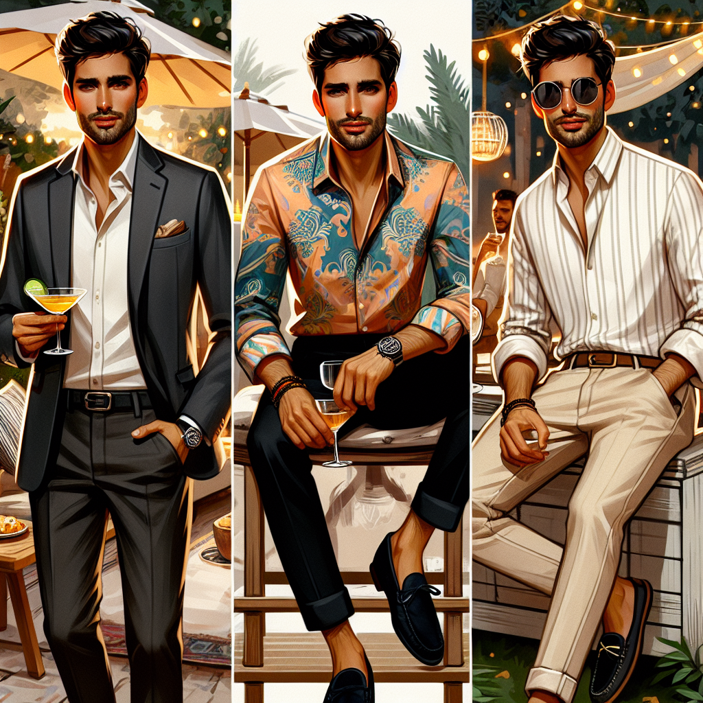 Create a sequence of three different stylish outfits suitable for a bachelor party occasion. The first ensemble should portray a South Asian man in a smart casual blazer, a smooth silk shirt, and dark jeans, holding a cocktail in a sophisticated setting. The second outfit should feature a Middle-Eastern man in a festive colored silk shirt accessorized with a watch, black pants, and loafers, in a warm, convivial environment. The third look should represent an Hispanic man dressed in a white linen shirt, light-colored chinos, and stylish moccasins, relaxing in an outdoor party setting.