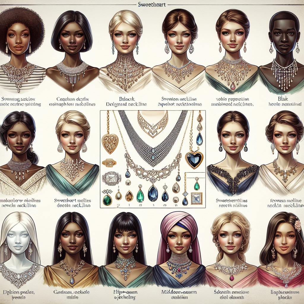 Stunning Jewelry for Sweetheart Necklines: Must-Have Guide Create an image of a detailed guide showing various types of stunning jewelry designed to compliment sweetheart necklines. The guide contains diagrams and descriptions of various types of necklaces and their matching necklines. The materials used in the jewelry range from precious gems to pearls and diamonds. The imagery should also include mannequins showcasing these necklines wearing the examples of jewelry. There are models of different descents such as Caucasian, Black, Hispanic, Middle-Eastern, and South Asian, each wearing a unique piece of jewelry, demonstrating diversity in style and elegance.