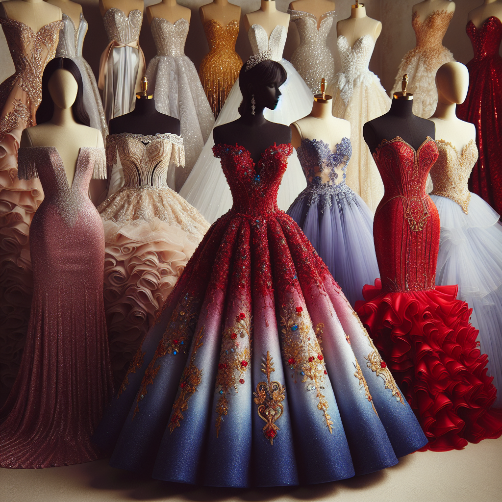 An array of elegant and breath-taking quincea&ntilde;era dresses arranged side by side. The first dress is on a mannequin, it's a royal-blue ball gown with beaded embroidery showcasing Hispanic cultural elements. Next to it is a radiant red mermaid dress adorned with sequins and ruffles, it's presented on a Black model. The third outfit is a Middle-Eastern inspired, soft lavender A-line dress with intricate golden embellishments, modeled by a South Asian woman. The final apparel is a white, flowy off-shoulder dress with lace details, displayed elegantly on a Caucasian mannequin. The background is a soft beige, focusing the attention on the dresses.