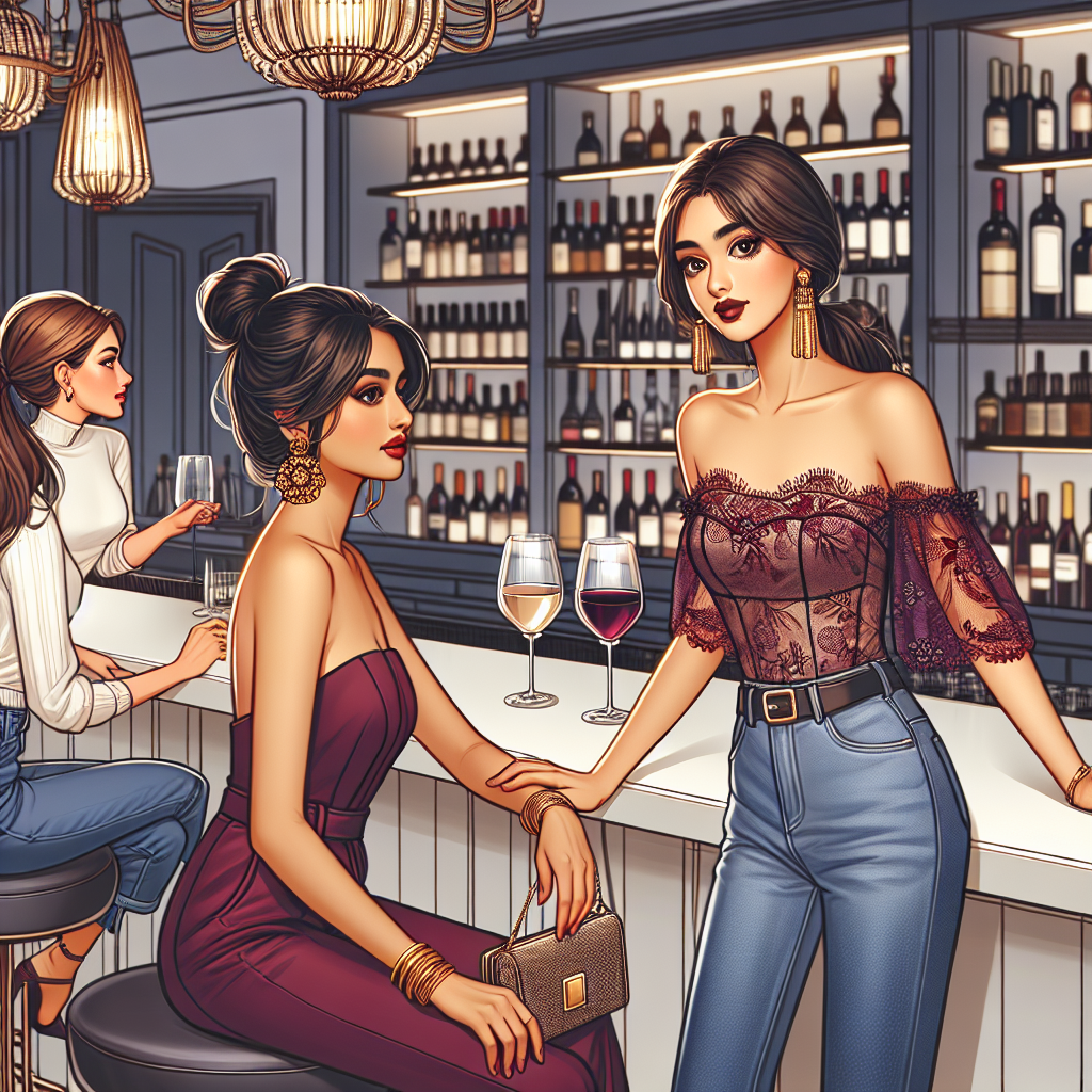 Depict an elegant scene at a classy wine bar. Illustrate a South Asian woman seated at the bar, wearing classy chic attire suitable for a sophisticated evening &ndash; think of a stylish jumpsuit in a rich burgundy color accessorised with a pair golden earrings. Also illustrate a Caucasian woman standing and socializing, dressed in a lacy off-shoulder top paired with trendy straight-cut denim jeans accompanied by a sleek clutch purse. The setting should reflect the ambience of a wine bar featuring rows of diverse wine bottles, chandeliers, and a modern bar counter.