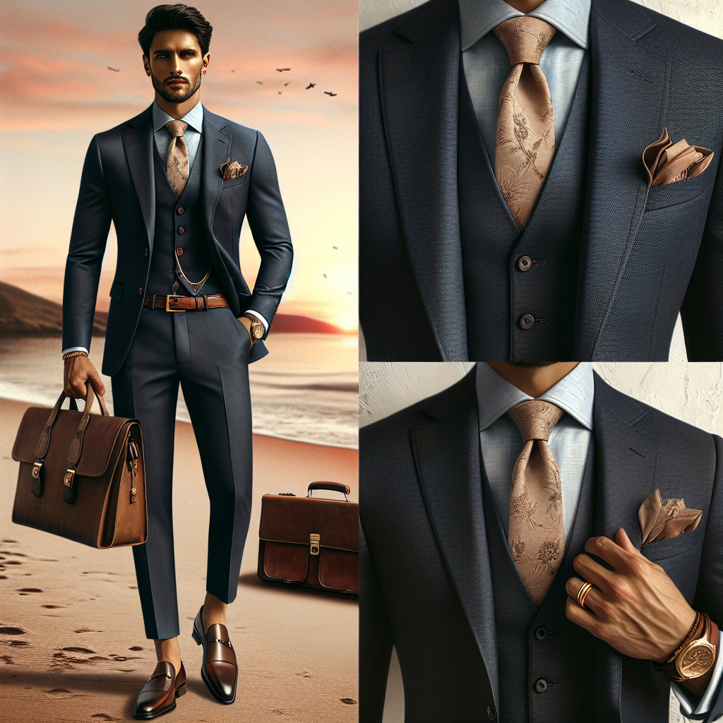 Visual representation of a South Asian man in a semi-formal wedding outfit, looking confident and stylish. He is wearing a tailored navy-blue suit paired with a light-colored shirt, a brown leather belt, and polished loafers. Accessorized with a subtly patterned tie and a matching pocket square. He's also carrying a leather briefcase in one hand, symbolizing his professional persona. A wedding band on his finger as a sign of the occasion. A romantic background setting with a sunset over a beach is desired for the mood of the scene.