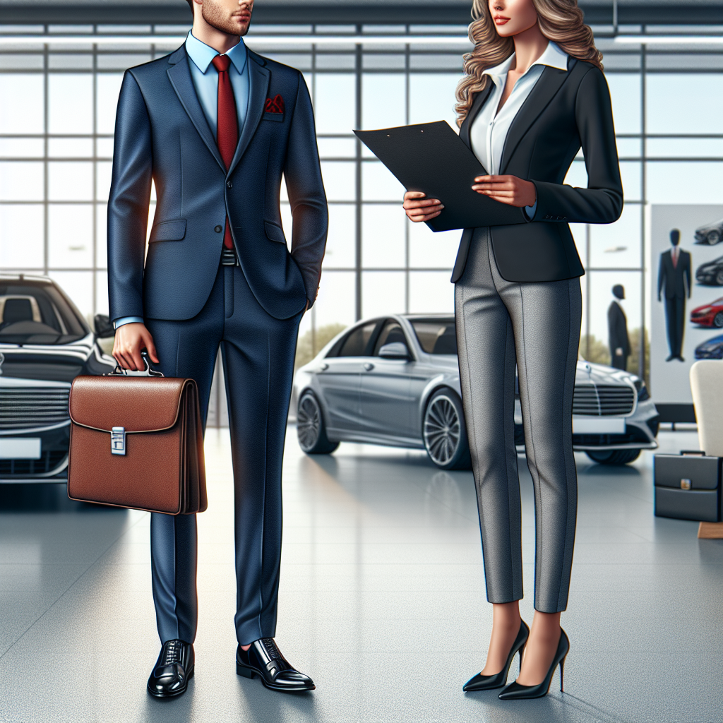 Exclusive Guide: Dress to Impress at Car Dealership Interviews A detailed scene of a job interview at a car dealership. A male applicant of South Asian descent wears a formal navy blue suit, a sky blue shirt, a red tie, polished black shoes, and carries a brown leather briefcase. He stands confidently in front of a female Caucasian dealership manager. The manager, who sports a professional white blouse, black blazer, grey trousers and sophisticated black heels, studies the applicant's CV. Luxury cars and dealership merchandise elegantly displayed in the background add to the professional ambiance of the setting.