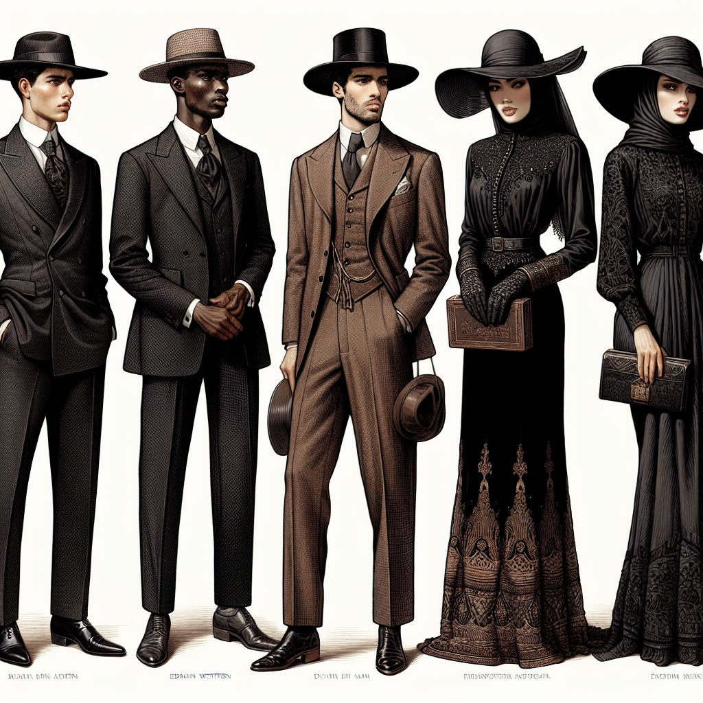 Accompanying a prosaic description of mournful yet chic clothing trends for 2024, please depict a carefully curated assortment of funeral attire. Include a range of outfits, accentuating the solemn sophistication in each. The collection should feature a tasteful blend of tradition and innovation, showcasing an array of outfits befitting different genders and descents. For instance, an ebony Western-style suit complete with a hat, worn by an Asian man; a conservative black dress adorned with lace details, worn by a Caucasian woman; a Middle-Eastern woman in a dark, elegantly embroidered abaya; a Black man in a polished African dashiki in muted tones or a South Asian woman in a sublime black sari. Ensure to capture the dignity and respect inherent in each ensemble.