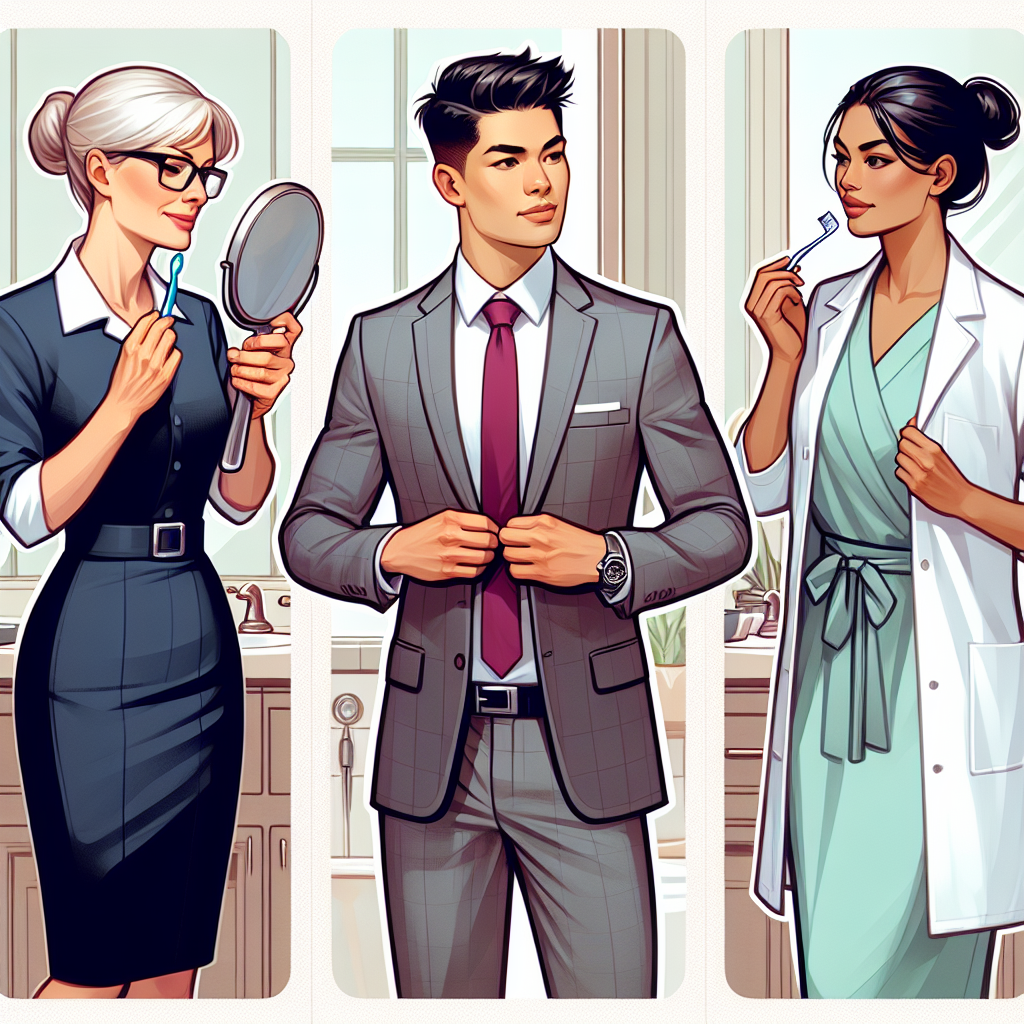 Stunning Outfits for Dental Assistant Interviews Construct an image showing three dental assistants preparing for their interviews. The first person is a middle-aged Caucasian woman adjusting her navy blue, pencil skirt suit in the mirror. The second person is a young Hispanic man gazing at his stylish, gray suit with a burgundy tie, as he holds a toothbrush in his other hand. The third person is a South Asian woman, mid-thirties, confidently tightening the knot of her white lab coat over a mint green dress. Each individual should reflect professionalism, anticipation, and chic style.