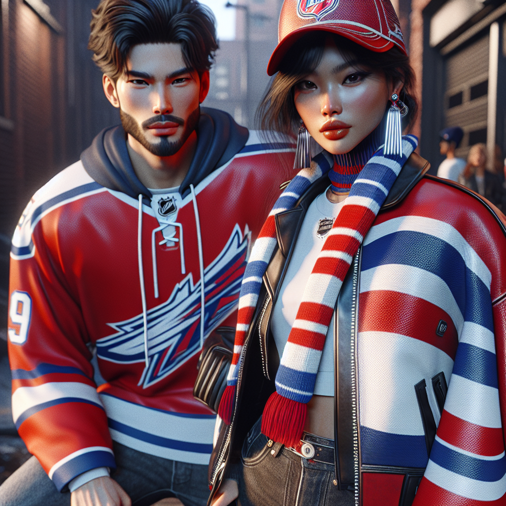Visualize a scene featuring a fashionable young woman of Hispanic descent and a trendy East Asian man preparing to head out for a professional ice hockey match. They are dressed in bold, team-inspired attire of red, white, and blue. The man is wearing a stylish jersey and a baseball cap with the hockey team's logo. The woman, on the other hand, sports a trendy jacket and a knitted fan scarf. The atmosphere is one of excitement and anticipation, and the background hints at a brisk winter evening.