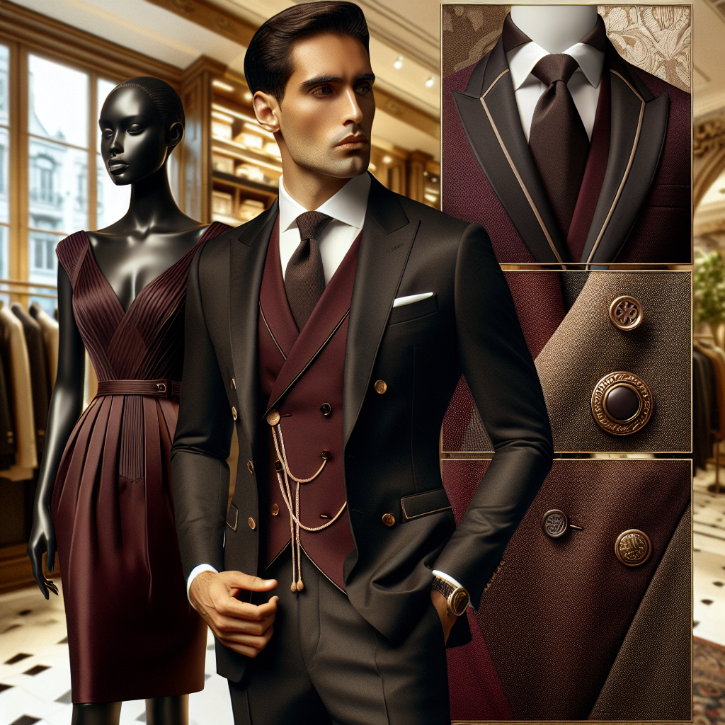 Visualize a series of elegant outfits suited for visitations or dignified events against a backdrop of a luxurious boutique. The first one is a tasteful black suit worn by a Hispanic man, the other is an elegant burgundy dress worn by a Black woman. The man's suit is bespoke, made of premium wool, with satin lapels. The woman's dress has a sophisticated design, with a boat neck and a knee-length silhouette, tailored from soft silk fabric. Pay great attention to the details of fabric textures, the bespoke tailoring, and the dignified style of the outfits.