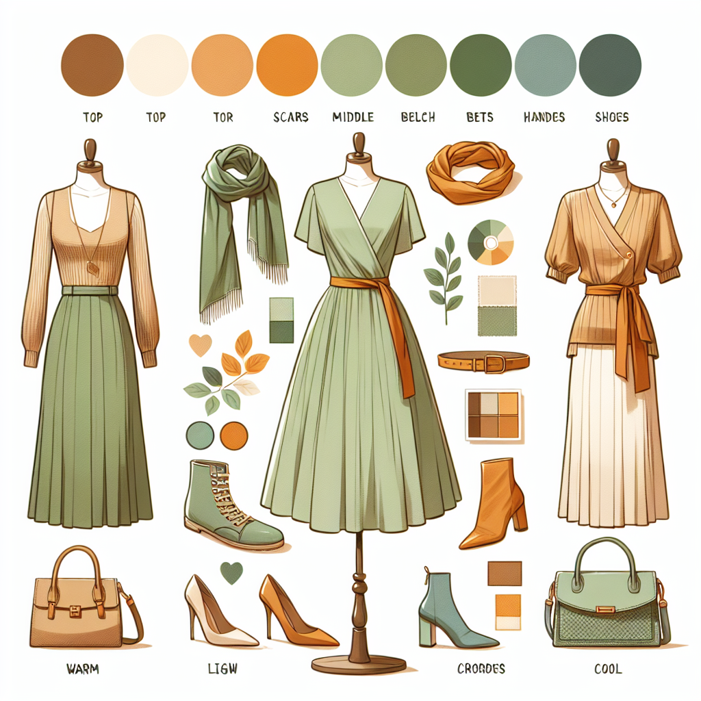 Showcase a visual fashion guide featuring outfit tips for light green dresses. The image should include a variety of elements: a light green dress on a mannequin, an array of complementary colored accessories like scarves, belts, shoes, and handbags around the mannequin. Use warm tones such as light browns and oranges, and cool tones such as blues and grays for the accessories. Also, display top, middle, and bottom sections with illustrative color swatches to represent best color matches. Incorporate brief text labels for color suggestions.