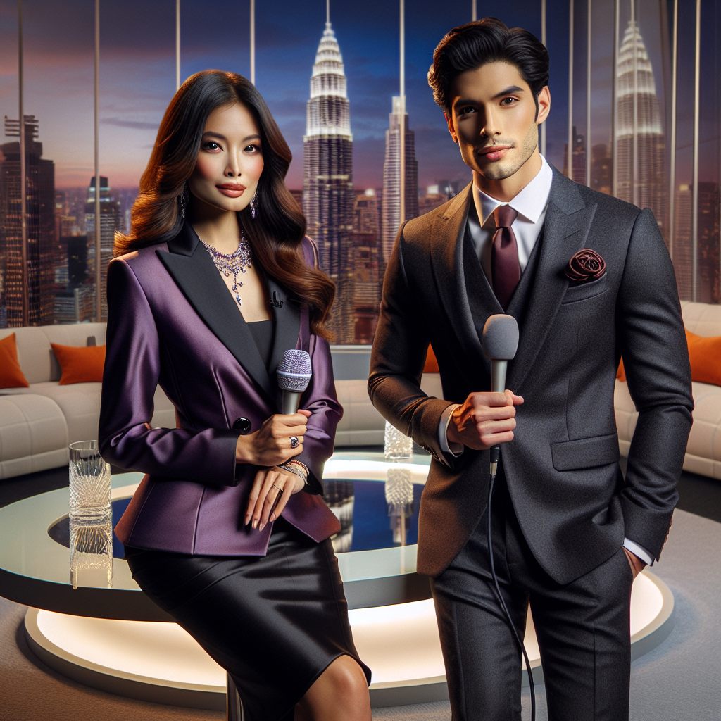 Stunning TV Interview Attire: Dress to Impress A scene showcasing an enchanting TV interview environment. In the center, a South Asian female reporter dressed in a formal purple blazer and black pencil skirt, paired with elegant jewelry, holding a microphone. On her right, an Hispanic male interviewee in a tailored charcoal grey suit, white shirt, and a tasteful crimson tie. The setting is a modern studio with soft lighting, a sleek round glass table between them, complete with a backdrop of the city skyline at twilight. Both individuals portray confidence, sophistication, and finesse.