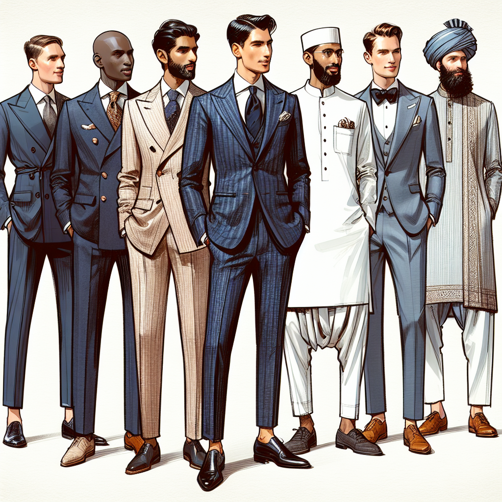Stunning Wedding Guest Attire for Men: Must-Have Looks! A fashion illustration style depiction of a group of men attending a wedding, showcasing diverse styles of guest attire. Each man is of a different descent: there's a Black man in a navy blue tailored suit, a Caucasian man in a classy linen suit, a Middle-Eastern man in a traditional kurta set, a Hispanic man in a sharp tuxedo, and a South Asian man in a stylish nehru jacket ensemble. This scene captures the elegance, variation, and sophistication in men's wedding guest attire.