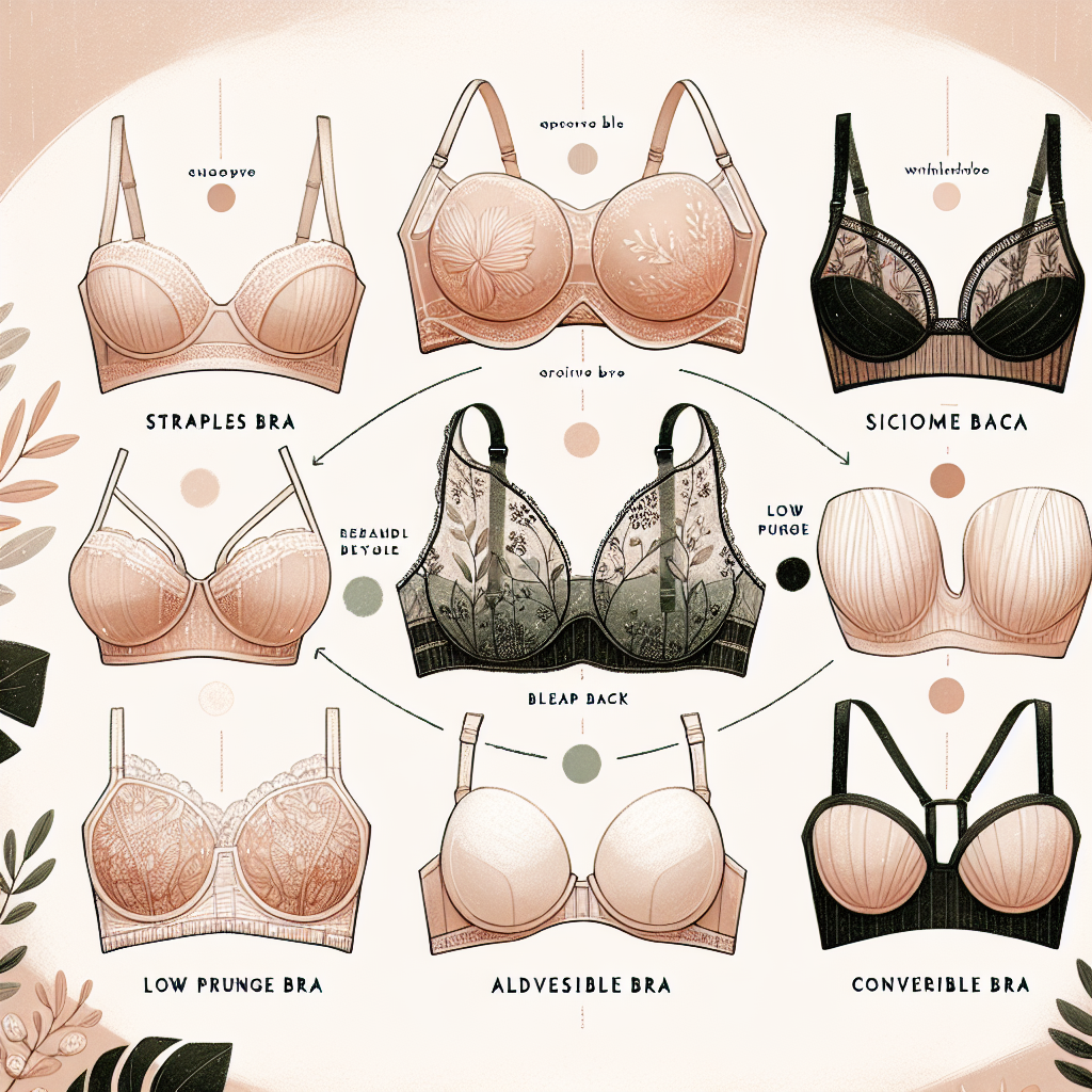 Imagine a style guide illustration for an article on essential bras for halter tops. Picture five different types of bras arranged in a semi-circle. Each one is designed to be worn with a halter top and is visually unique. On one side, visualize a strapless silicone bra in delicate peach color. In the middle, imagine a clear back bra with intricate lace detailing, dyed in a soft rose color. Beside it, picture a creatively designed adhesive bra in a neutral beige color. Further, imagine a low plunge bra in refreshing mint color. And finally, on the other end, visualize a convertible bra in elegant black, proving a staple in any wardrobe. The surroundings are a muted, monochrome color palette to focus the attention on the bras.
