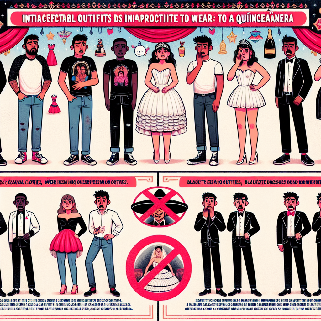 An informative illustration showing various outfits that are considered inappropriate to wear to a Quincea&ntilde;era. On one side, display a group of people in unacceptable attire such as overly casual clothes (jeans, t-shirts), overly revealing outfits, or overly formal attire (black-tie dresses and suits). Each person should have different gender and descent - one should be a Hispanic man, a Caucasian woman, a Middle-Eastern woman, and a Black man, all appearing shocked or surprised. On the other side, show a sign with a large red cross over these outfits and text explaining why they're inappropriate for such occasions. Include a background that suggests it's a festive time, with decoration related to a Quincea&ntilde;era.