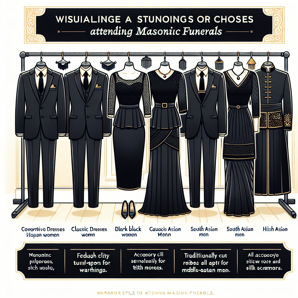 Visualize a clothing store rack filled with stunning outfit choices for attending Masonic funerals. Ensure to display a range of wardrobes that include conservative black dresses elegantly styled for Hispanic women, classic dark suits tailored neatly for Caucasian men, formal black sari suitable for South Asian women, and traditionally cut black robes apt for Middle-Eastern men. The outfits should be highlighted perfectly, emphasizing high-quality fabrics, intricate stitch details, and accessory pairings like ties, cufflinks, and silk scarves all in appropriate mourning colours.