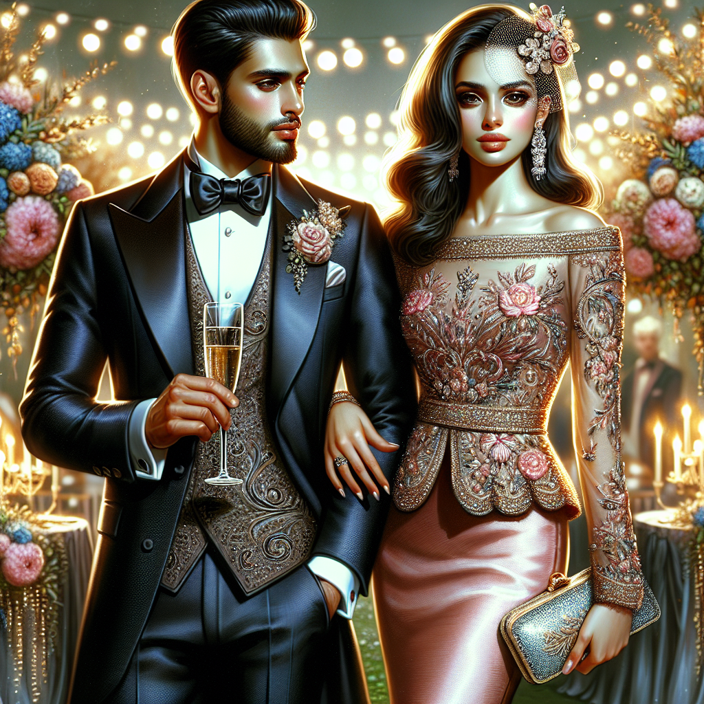 Stunning Wedding Attire: Effortlessly Dress to Impress A vibrant portrayal of an elegant wedding attire. The visual should capture the essence of two wedding guests, a male and a female. The male, of Middle-Eastern descent, dressed impeccably in a well-tailored tuxedo, laptop lapels, with silk cravat, holding a glass of champagne. The female, of South-Asian heritage, in a graceful cocktail dress, accented with intricate beaded embroidery, donning a small fascinator in her hair, holding a clutch purse. The aura of the scene should emit a sense of high-class fashion and sophistication. Background could be a tastefully decorated wedding venue brimming with blooming flowers and glowing lights.