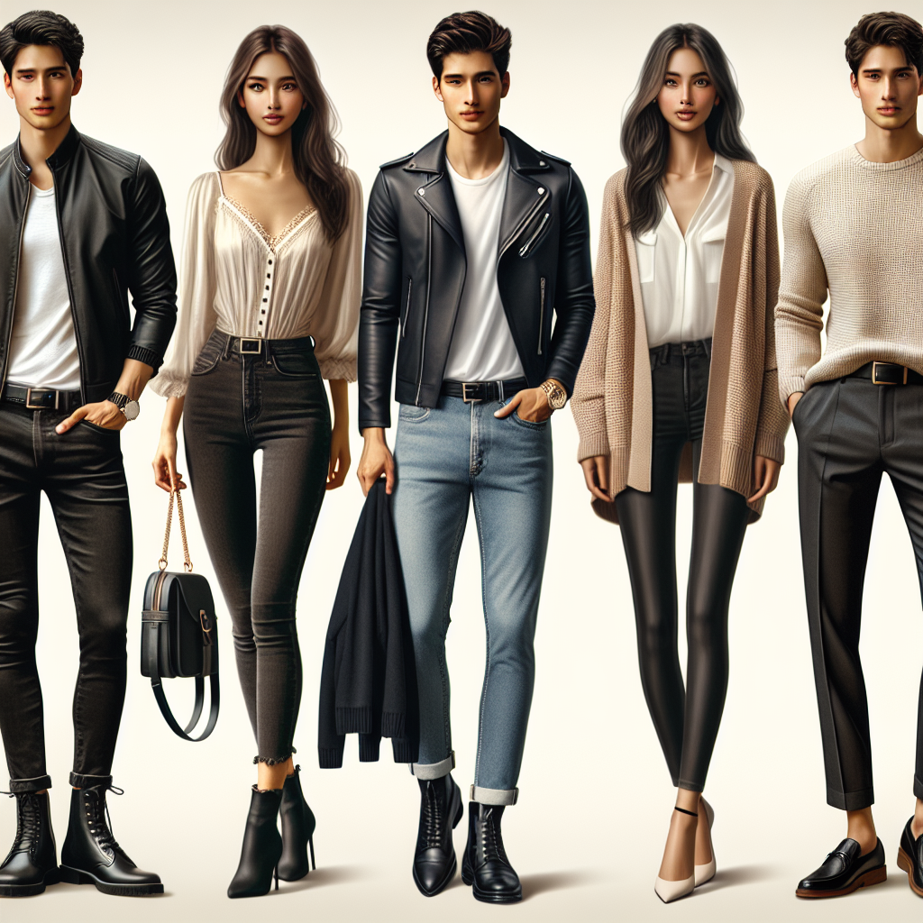 A comprehensive showcase of fashion outfits ideal for movie dates. First, a young Asian man wearing a trendy black leather jacket, a white fitted shirt beneath, and dark blue jeans. He paired it with black boots and a watch. Second, a Middle-Eastern woman in a casual chic outfit, a neutral-toned blouse paired with high-waist jeans, accessorized with a thin gold chain necklace. The third is a Hispanic woman in a cozy sweater, black leggings, and ankle boots. The last is a Black man dressed in a comfortable stylish ensemble, a loose-fitted shirt, tailored pants and loafers.