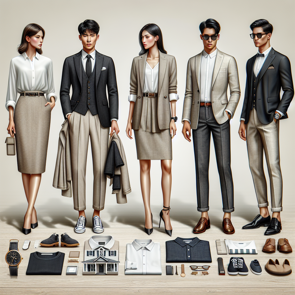Exclusive Guide: Best Outfits for a House Showing An elaborate display of a wide range of outfits appropriate for a house showing. The first outfit featuring a Middle-Eastern woman wearing a sharp, business casual outfit with a blazer and trousers. The second showcasing an Asian man in a well-tailored two-piece linen suit. The third outfit displaying a Hispanic woman dressed in a modern chic outfit comprising a knee-length skirt and a regular fit blouse. Finally, a Black man in a smart semi-formal outfit with a collar shirt and chinos. Accessories such as watches and shoes are accurately coordinated with the outfits.