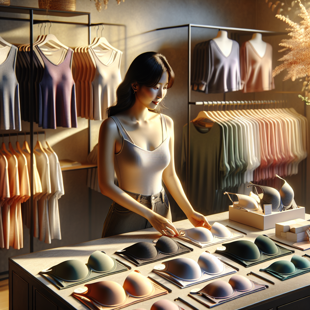 Display a serene scene in a boutique store, showcasing an array of square-neck tops in a stunning spectrum of colors. Nearby, a variety of bras in different styles and shapes, specifically recommended for square-neck tops, can be seen artistically arranged. The shirts and bras should have a modern, trendy vibe. Include two shoppers&mdash;one Asian woman with a casual approach, browsing through the tops, and a Black woman with a fashion-conscious demeanor, meticulously examining the bras. The setting should provide a perfect blend of warm lighting and soothing aesthetics, inspiring a sense of comfort and style.