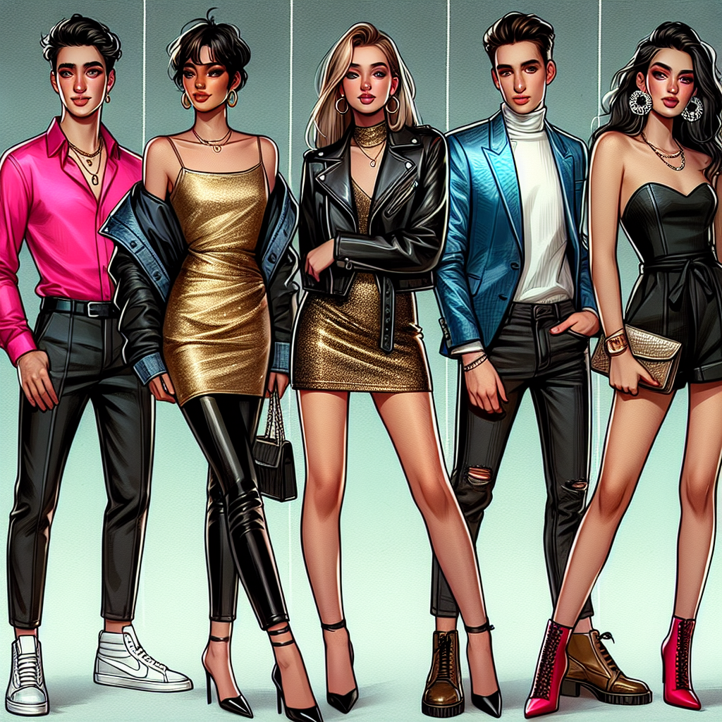 Must-Have Outfits for a Stunning House Party! Picture a lively house party setting with trendy and stylish outfits for all guests. Imagine the first person, a fashionable South Asian man, in a bright pink shirt and black trousers, accessorizing with a black leather jacket and white sneakers. Shift your focus to another person, a Caucasian woman looking chic in a metallic gold mini dress complemented with black stiletto heels. Next, a Middle Eastern man rocks a blue velvet blazer over a white turtleneck, paired with black jeans and brown boots. Lastly, envision a Hispanic woman in a sophisticated black jumpsuit with silver hoops and red heels.