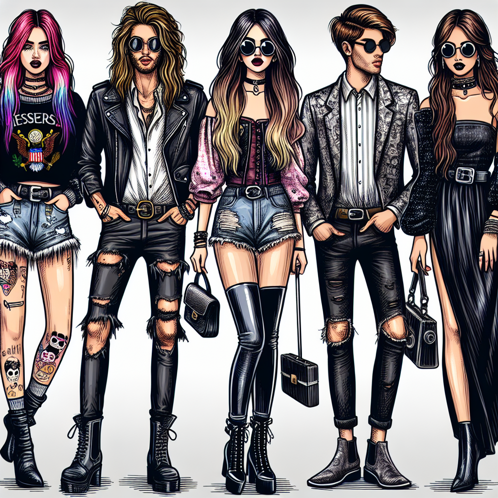 Stunning Outfits for Concerts: Find Your Perfect Look Picture an exciting visual interpretation of a group of fashion-conscious concert-goers ready for a night of music. Among them, a Caucasian woman sports a trendy band t-shirt paired with distressed denim shorts and high-heeled boots, her long hair dyed with bright streaks. Nearby, a stylish Middle-Eastern man showcases his preference for indie patterns - he's in a vintage long sleeve button-up shirt, ripped black jeans, and suede Chelsea boots. A South Asian woman stands out by donning an elegant black dress with chunky silver accessories. Each one exudes the excitement and enthusiasm inherent in concert culture.