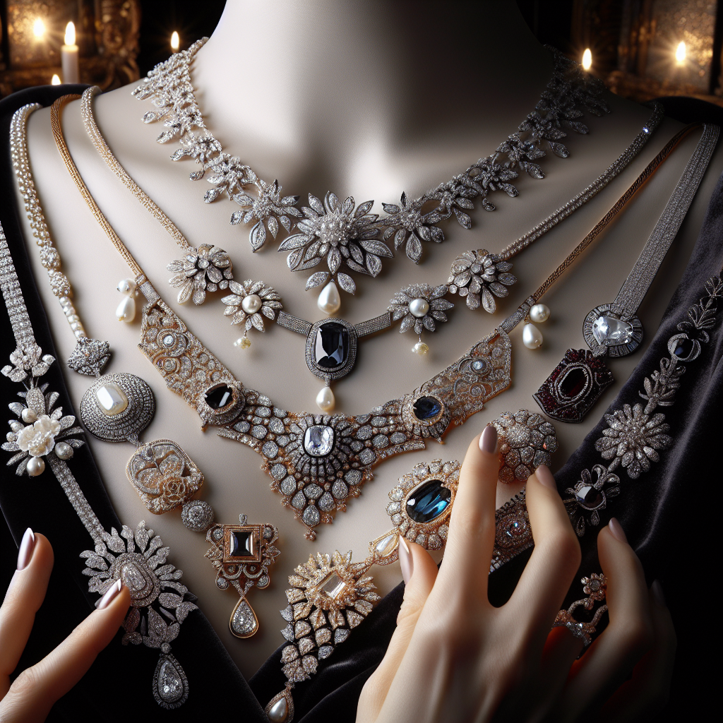 Stunning Necklaces for Square Necklines: Find Yours! Imagine a selection of dazzling necklaces displayed elegantly against a plush velvet backdrop. These handcrafted treasures vary in style and size, tailored with perfect attention to detail to complement square necklines. Some feature gentler curves with pearl drops and decorative flowers, while others showcase striking geometric designs set with precious gems. Each necklace is distinct, unique in its own majestic way. The lighting perfectly reflects each gleaming surface, illuminating the intricate craftsmanship that enhances the jewellery's timeless beauty. A hand with a square neckline dress is holding one of these necklaces, showing the perfect match with the neckline.