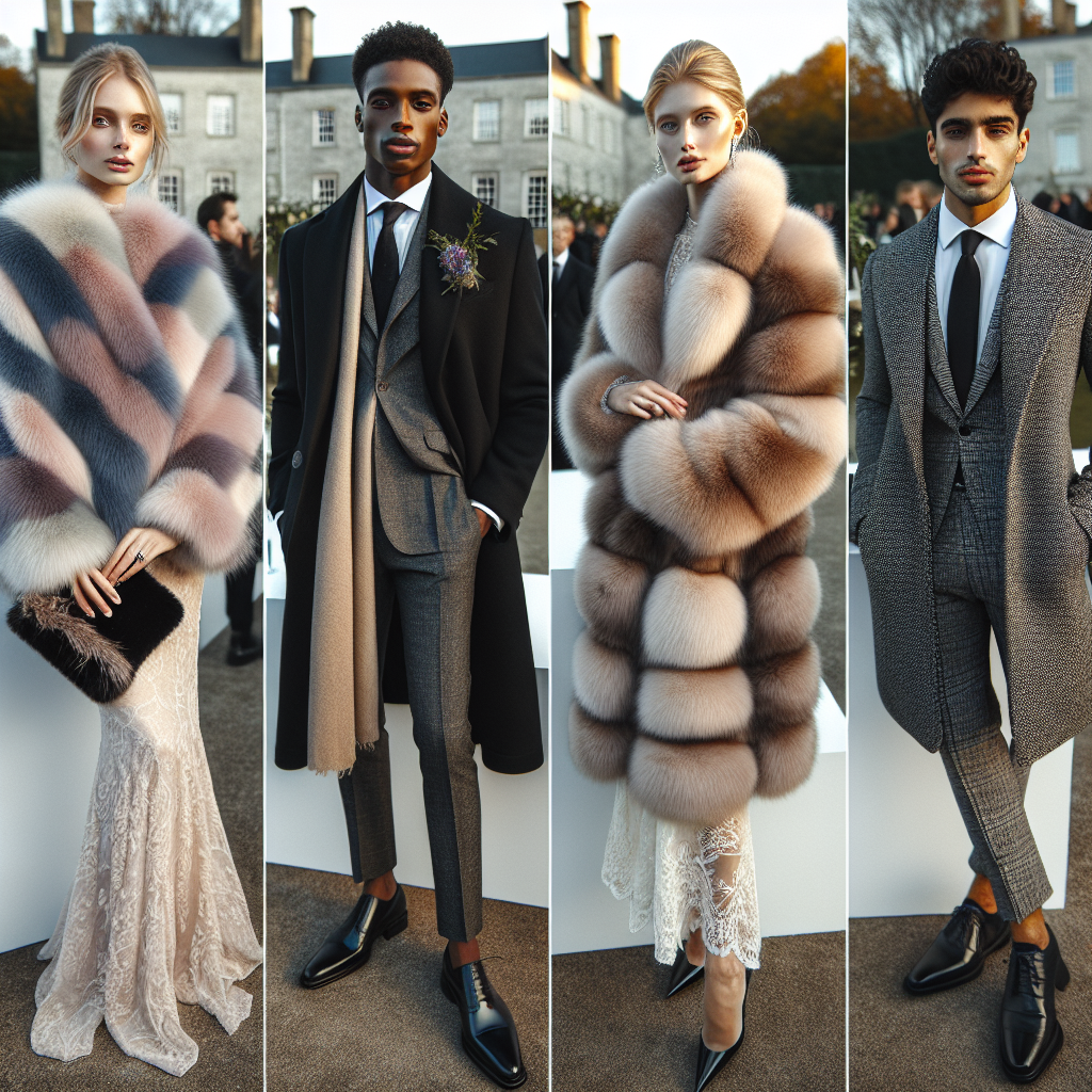 Create an image of four gorgeous individuals at an outdoor winter wedding venue. The first person is Middle-Eastern woman dressed in a classy, pastel-coloured faux fur stole over her formal dress. She is holding a matching clutch purse. The second person is an African American man in an elegant long wool overcoat, tailored trousers, and shiny black dress shoes. The third person is a Caucasian woman wrapped up in a luxurious cashmere shawl, paired with a refined, lace dress. The last person is a South Asian man dressed in an upscale tweed suit with a polished leather shoe. Each of them are enjoying the event despite the chilly weather, creating a stylish and warm scene.