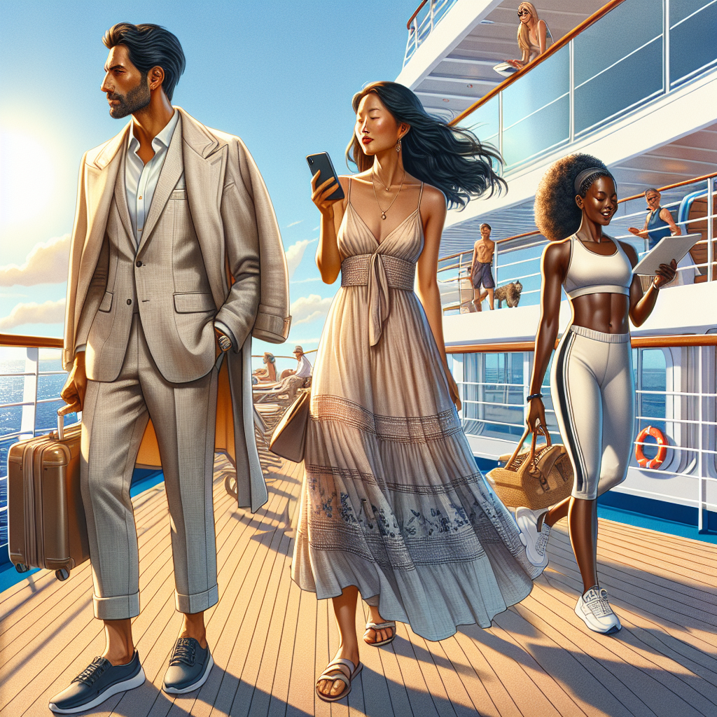 Exclusive Guide: What to Wear on a Cruise Ship A detailed scene featuring a sun-lit deck of a luxurious cruise ship. Include various fashionable and practical outfits suitable for various cruise activities. Show three diverse individuals: a Middle-Eastern man dressed in a light-colored linen suit looking out at the ocean, a South Asian woman in a flowy sundress checking her phone, and a Black woman in chic athletic attire heading towards the on-board fitness center. The energy of anticipation and vacation joy fills the air.