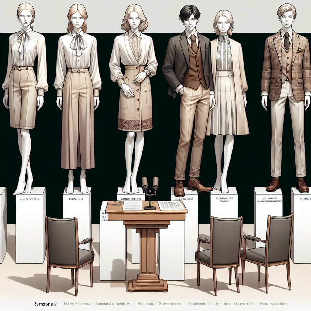 Visualize a variety of sophisticated underlayer clothing items suitable for symposiums. Show diverse options such as chic blouses for a Caucasian female biologist, a stylish waistcoat for a Black male historian, an elegant kurta for a South Asian female philosopher, etc. Display these items in a fashion-oriented ensemble, with the outfits neatly arranged on pristine white mannequins, against a neutral background. The scene should also include some symposium-related paraphernalia such as a podium, microphone, and chairs to contextualize the setting.