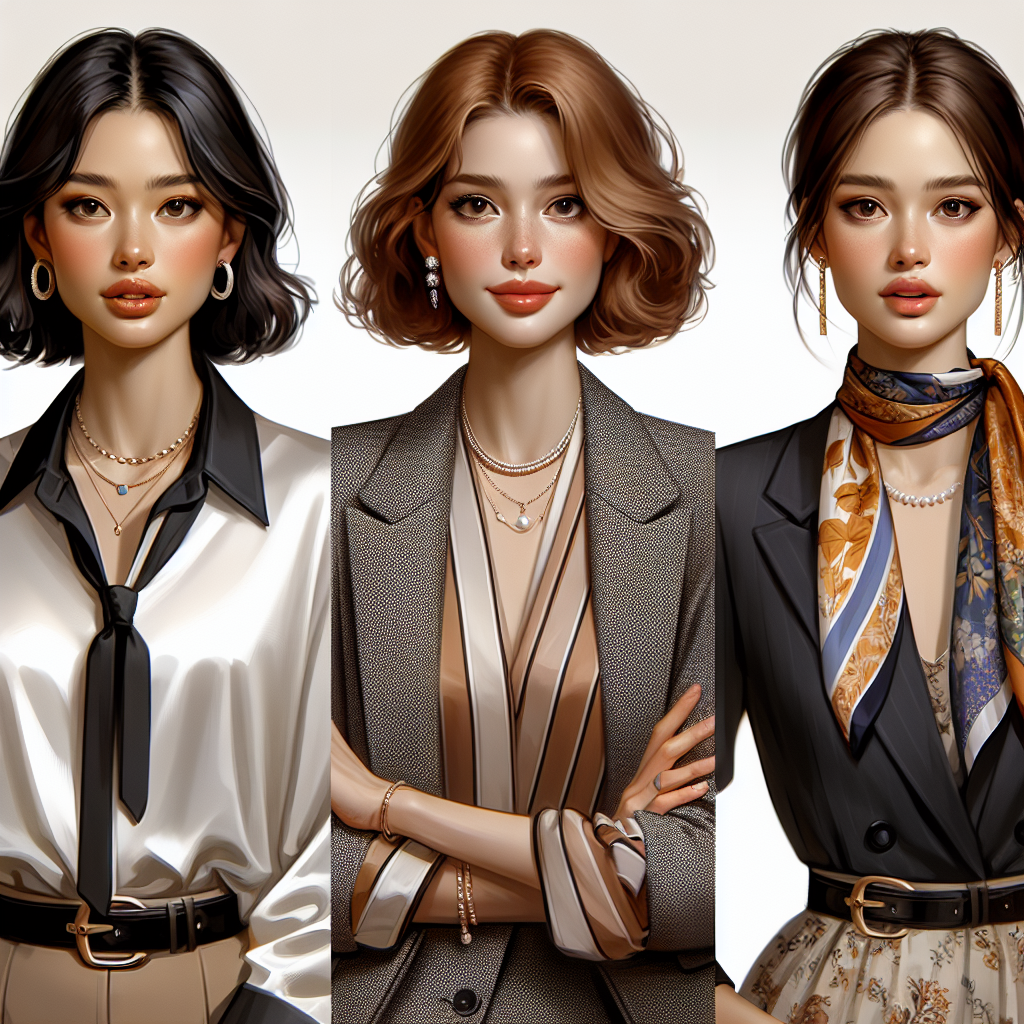 Create an image representing three different styles fashionable women can adopt for a Zoom interview. The first woman is a brunette of Asian descent, wearing a trendy mono-color blouse that reflects professionalism. The second woman is a redhead of Caucasian descent, in a stylish blazer and chic jewelry that adds a touch of personality to her look. The third woman is a brunette of Middle-Eastern descent, with a silk scarf elegantly worn around her neck above a casual but classy dress. They should all be posed as if they're on a Zoom call, displaying confidence and readiness.