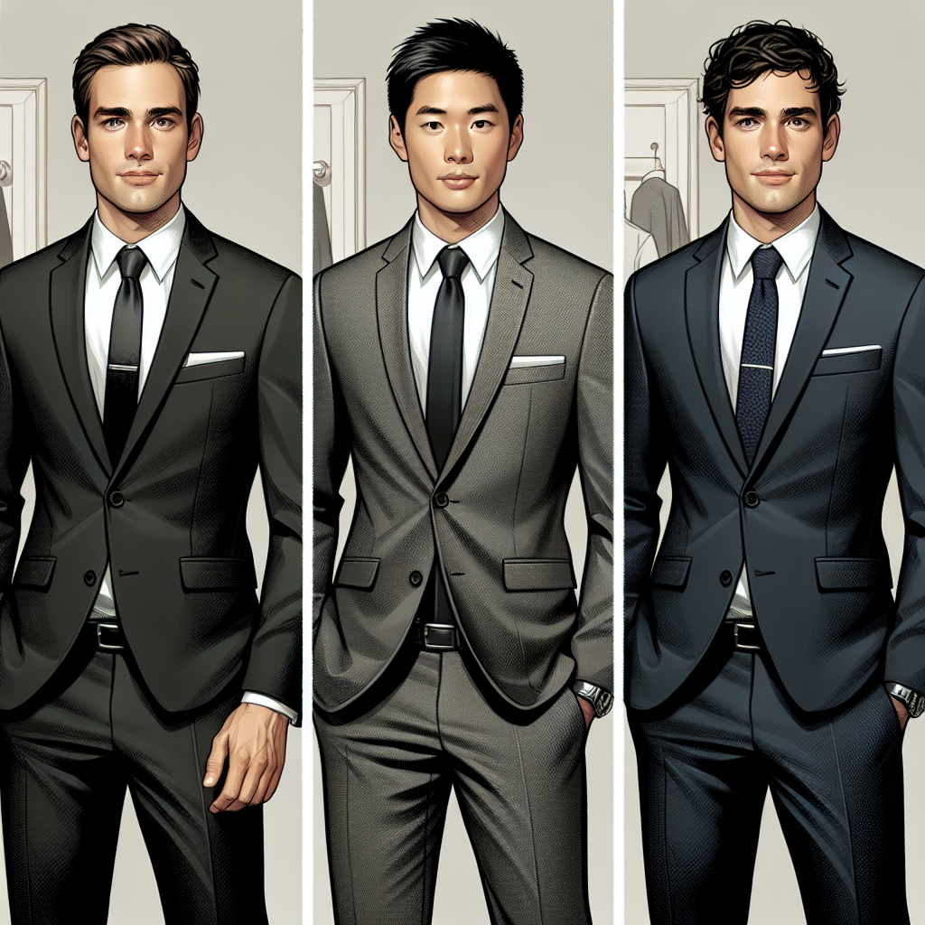 Funeral Attire for Men: Effortless, Respectful Guide Create a detailed, sophisticated image that reflects various types of respectful funeral attire for adult males. Picture at least three men, standing side by side. One man is Caucasian with a classic black suit, white shirt, and black tie, one of the men is Asian and is wearing a charcoal grey suit with a black tie, and the third man is Hispanic with a navy blue suit and a dark tie. These people should represent varying ages, from young adult to senior. The background should be neutral, possibly a simple dressing room with a mirror.