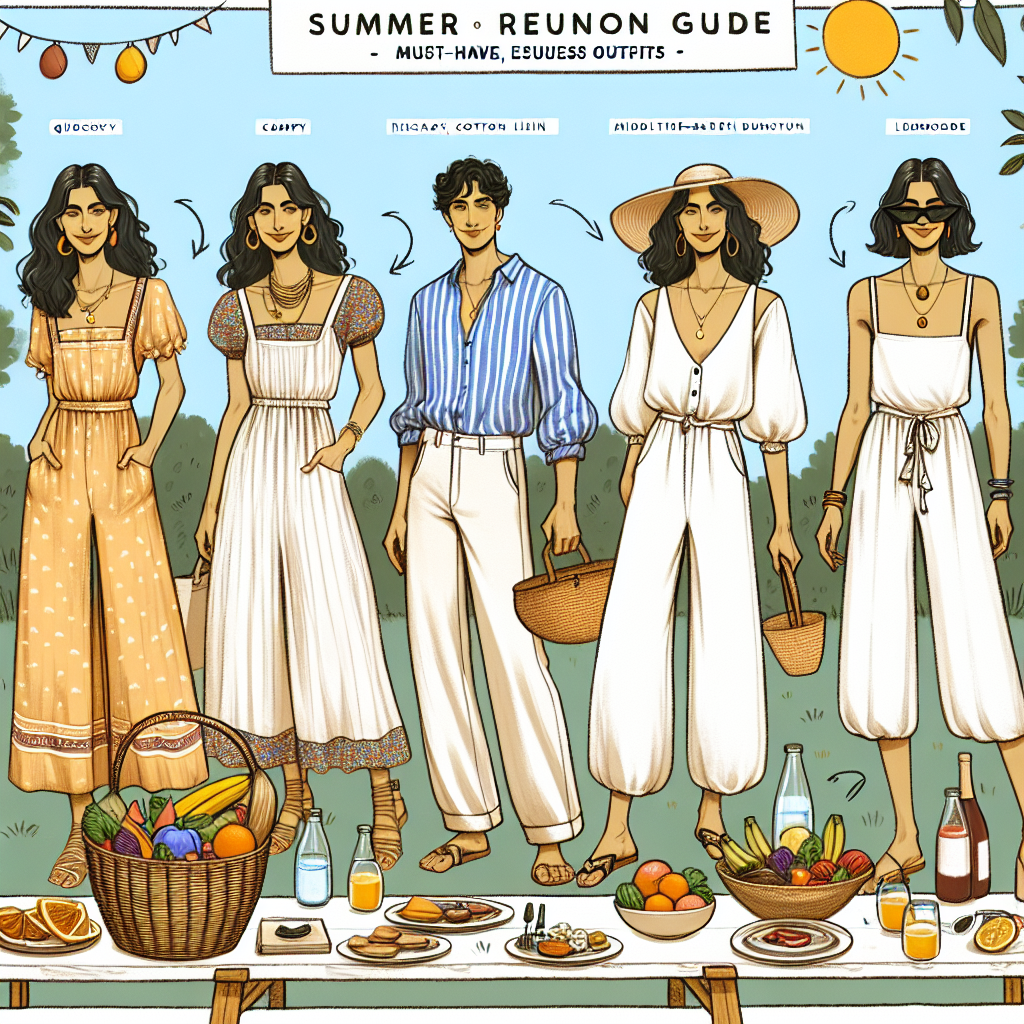 Summer Reunion Style: Effortless, Must-Have Outfits Envision a summer reunion style guide, featuring must-have, effortless outfits. The first look is a quirky, Mediterranean-style cotton dress worn by a Hispanic, gender-fluid individual. Display a second classy and comfy linen outfit worn by a Middle-Eastern, masculine-gendered individual, which includes a loose shirt paired with airy trousers. Lastly, imagine a playful romper ensemble worn by a Caucasian, women, radiating summer vibes. Sprinkle these outfits with bold jewelry and stylish sunglasses. Remember to add a serene summer backdrop of a sprawling lawn with a family-sized picnic table filled with salads, fruits, and lemonade, under a cloudless blue sky.