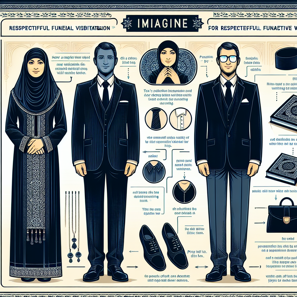 Funeral Visitation Attire: Must-Have Tips for Respectful Wear Imagine a detailed and stylized infographic themed on respectful funeral visitation attire, acting as a guide. Picturize it divided into two sections. One section showcases a mature, Middle-Eastern woman dressed in dark conservative clothing, highlighting the importance of modesty. The second section represents a mature Caucasian man with a glass face revealing layers of formal attire such as a dark suit, plain white shirt, dark tie, black shoes, portraying the etiquette of appropriate dress. Include small blocks of text nearby each visual explaining the 'Must-Have Tips' for respectful wear. All elements ought to have a solemn, respectful tone.