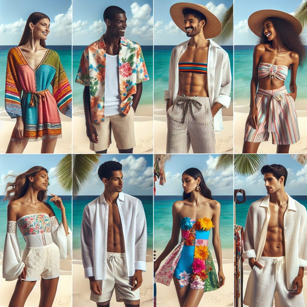 Must-Have Outfits for Your Beach Photoshoot A display of five essential beach photoshoot outfits. The first outfit is a vibrant beach kaftan worn by a Caucasian woman. The second is a stylish Hawaiian shirt and shorts ensemble worn by a Black man. The outfit three showcases a colorful bikini adorned by a South Asian woman. The fourth look is a classic all-white linen suit worn by a Middle-Eastern man. The fifth outfit is a playful, floral one-piece swimsuit styled by a Hispanic woman. All are interacting cheerily, the backdrop comprised of a sunny beach scene with clear blue skies and palm trees.