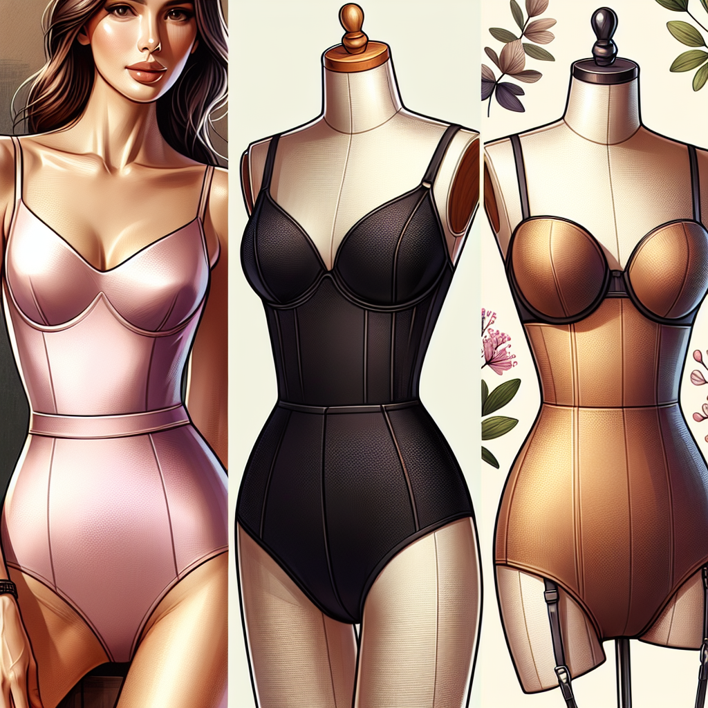 Create a highly detailed and vibrant image featuring three stylish and fashionable undergarments suitable for wearing under strappy dresses. The first is a light pink, seamless bodysuit worn by a Caucasian woman; the second is a black, high-waist shape wear displayed on a dress form; and the third is a tan, strapless bandeau bra held by a South Asian woman. Highlight the elegant design, comfort and good fit of these pieces that make them a must-have for under strappy dresses.